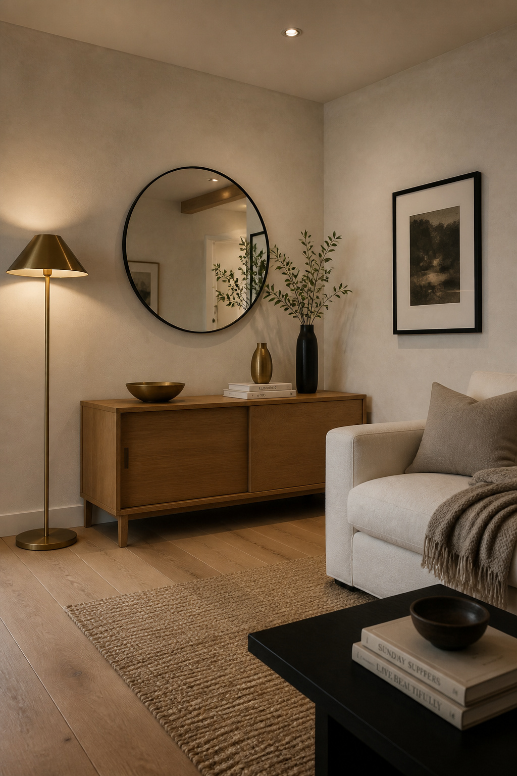Mixed metals distributed across a room corner: dominant brass and secondary black create a visual thread the eye follows across the space.