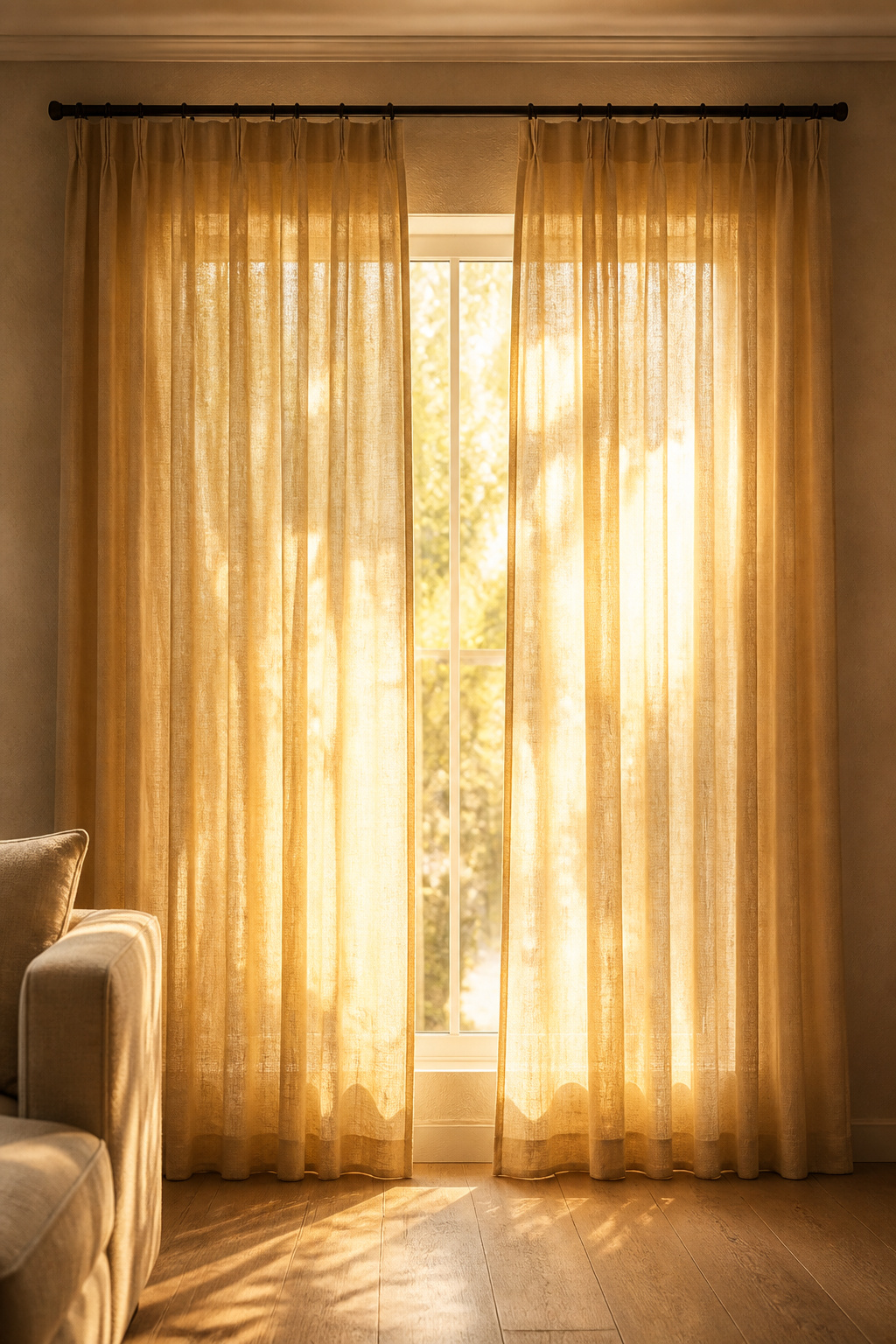 Unlined natural linen at 30-50% light transmission: the afternoon sun converts to warm amber-gold glow rather than the flat blue-white of synthetic panels.