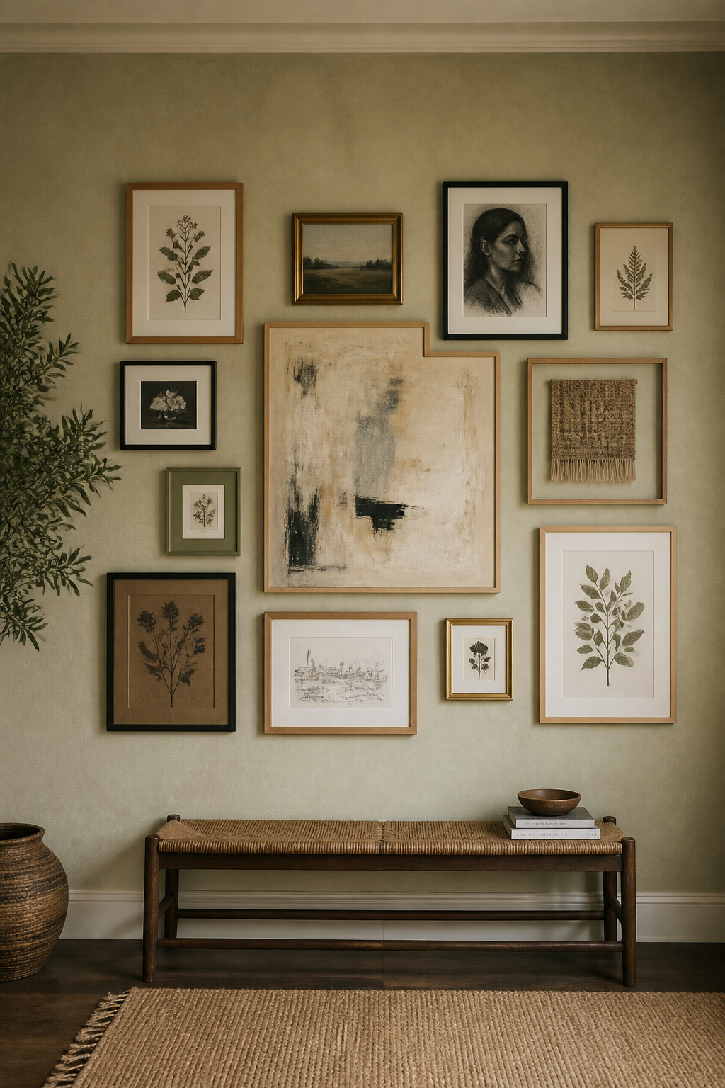 Mixed-material frames create cohesion through tonal value management: pale oak, antique brass, and matte black span the range while sharing a warm undertone.
