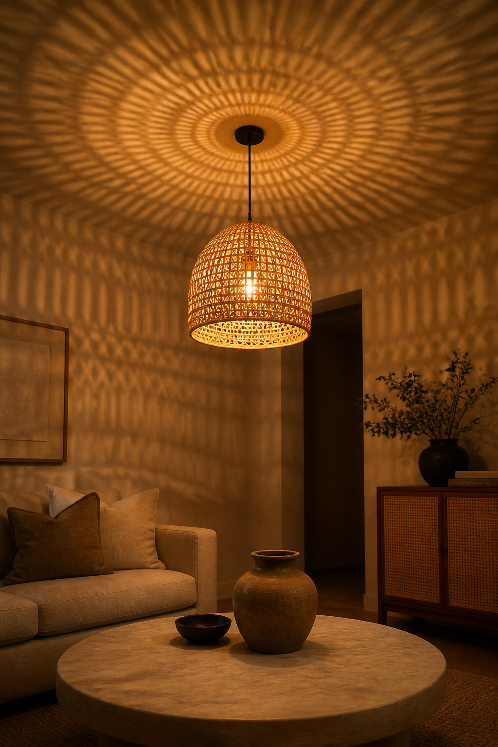 A lit rattan pendant's effect in practice: the woven structure filters light through hundreds of small apertures, casting warm geometric patterns across the ceiling and walls.