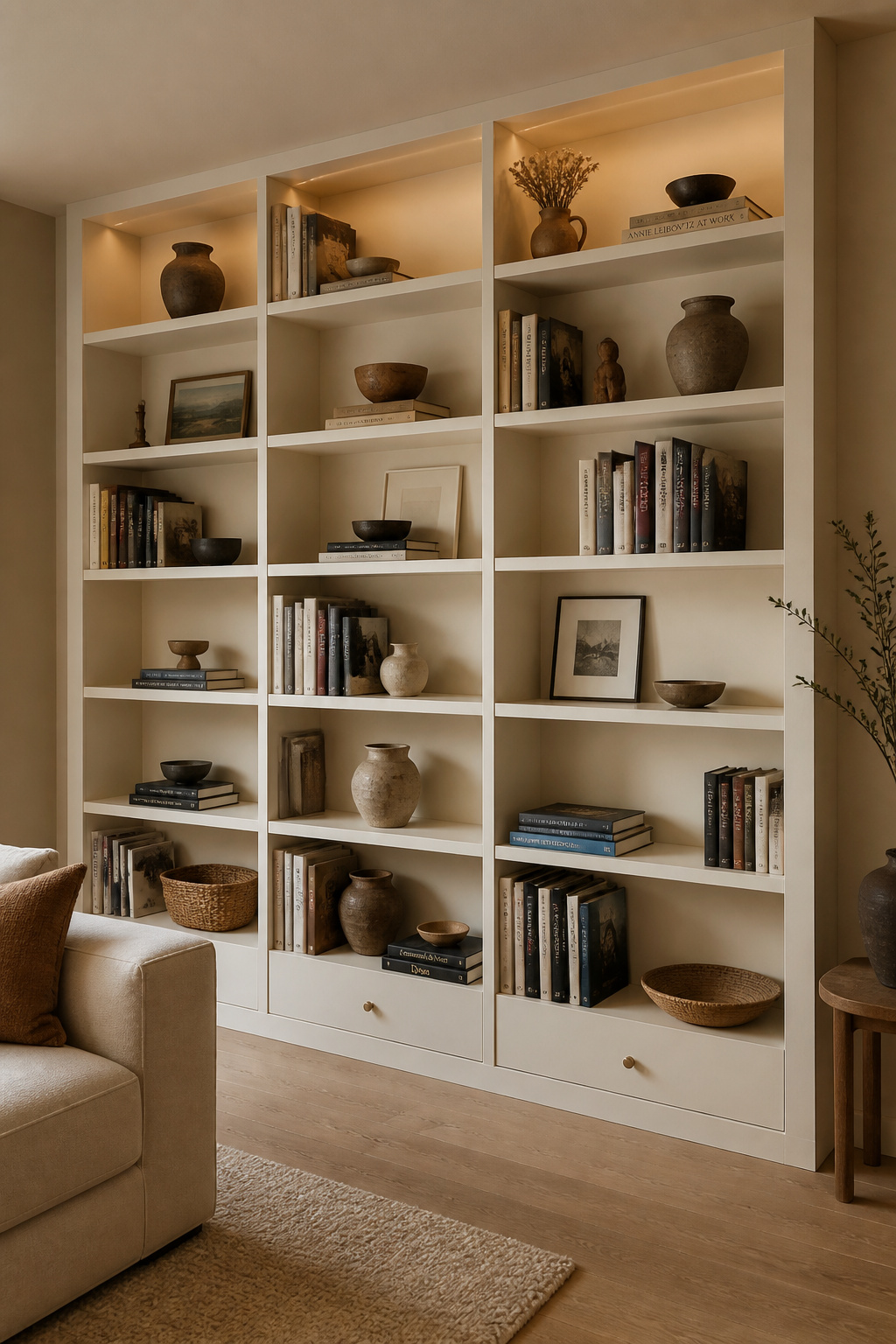 The two-thirds fill rule in a built-in: books and objects in roughly two-thirds of shelf space, with empty sections every few feet keeping the arrangement from reading as storage.