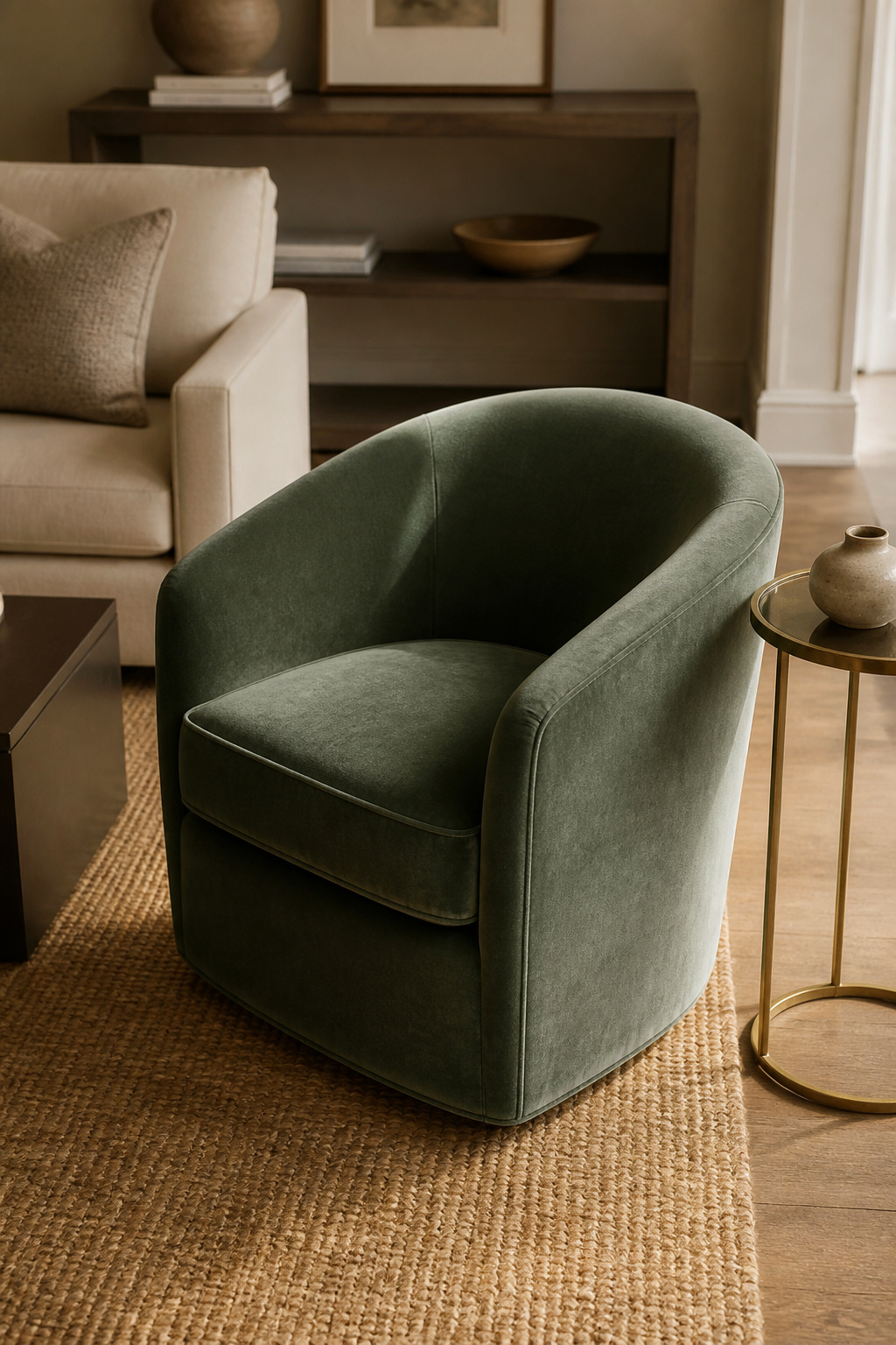A curved barrel chair in dusty sage velvet at 45 degrees: the rounded form interrupts the right angles of the room, and the pile direction creates a color shift visible from different positions.