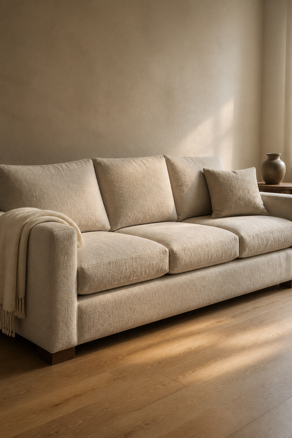 Slubbed linen in afternoon light — the yarn irregularities in the weave catch light differently from different angles, giving the sofa surface movement throughout the day.
