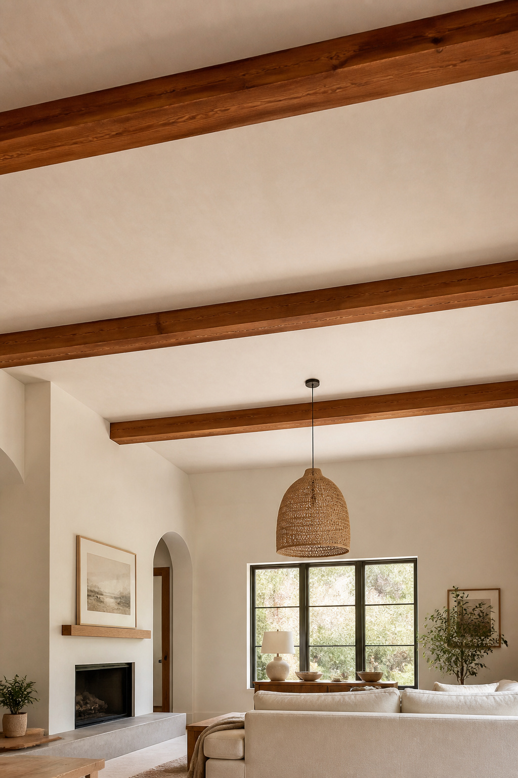 Decorative box beams in reclaimed Douglas fir on an 8.5-foot ceiling: 5-inch face, 3-inch depth, 4-foot spacing — the dimensions that keep beams from compressing ceiling height.