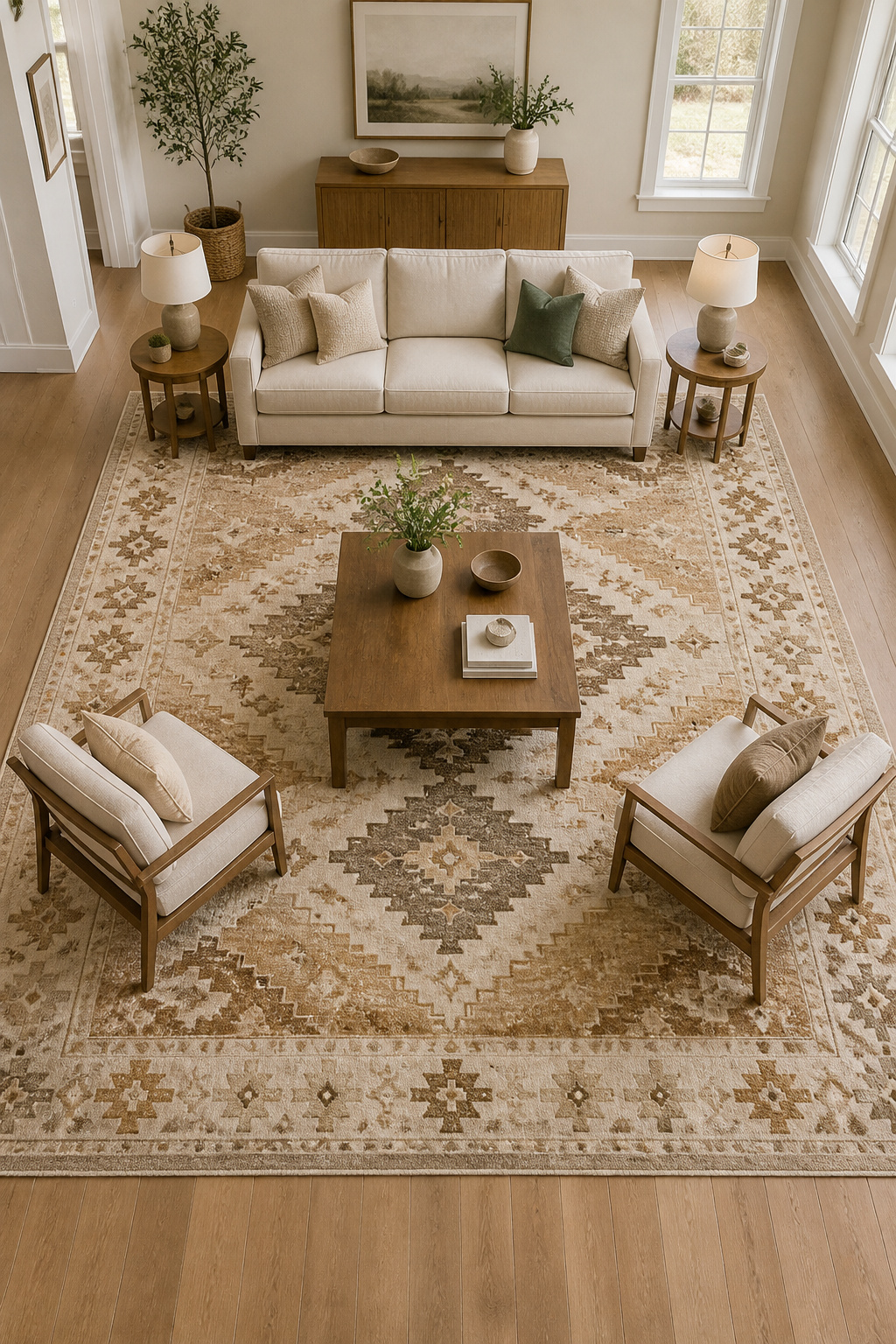 The 9x12 rug with all front legs on it: the furniture reads as a grouped zone rather than floating objects, and the rug edge marks where the living area ends.