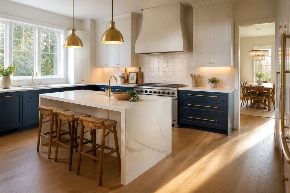 A complete kitchen remodel design featuring waterfall island, custom plaster hood, two-tone cabinetry, and zellige backsplash.