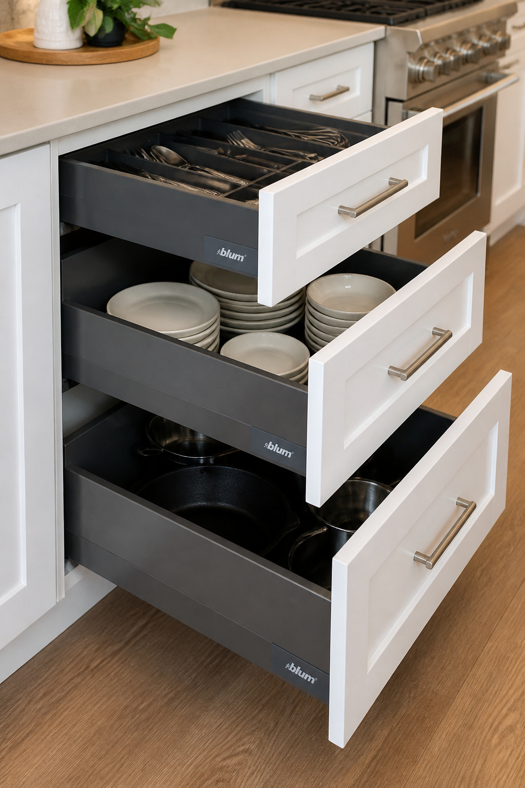 Three-drawer Legrabox base cabinet with full extension reveals everything stored at a single pull.