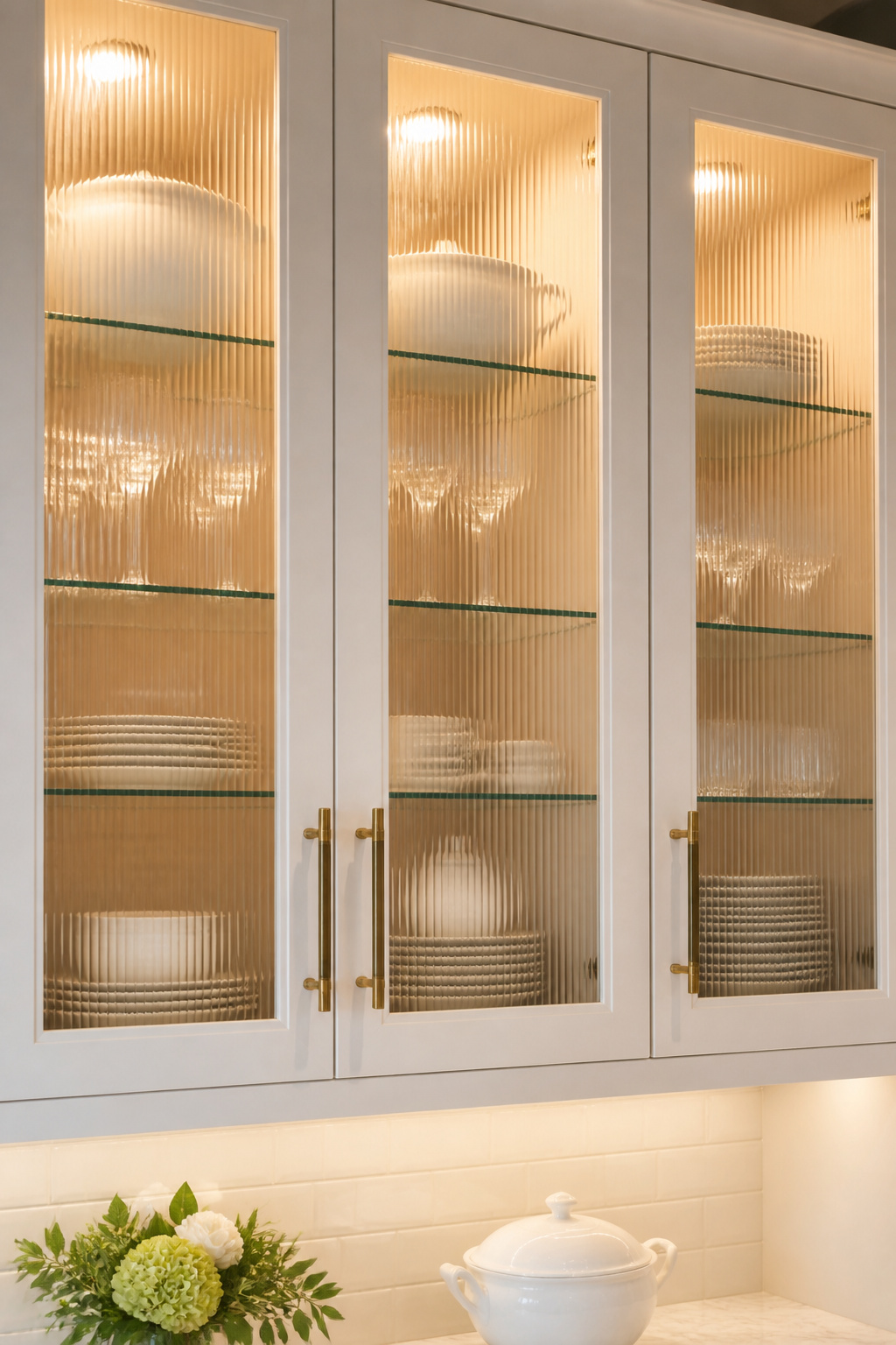 Reeded glass cabinet doors with interior LED lighting create a warm, layered display within the kitchen's upper cabinetry.