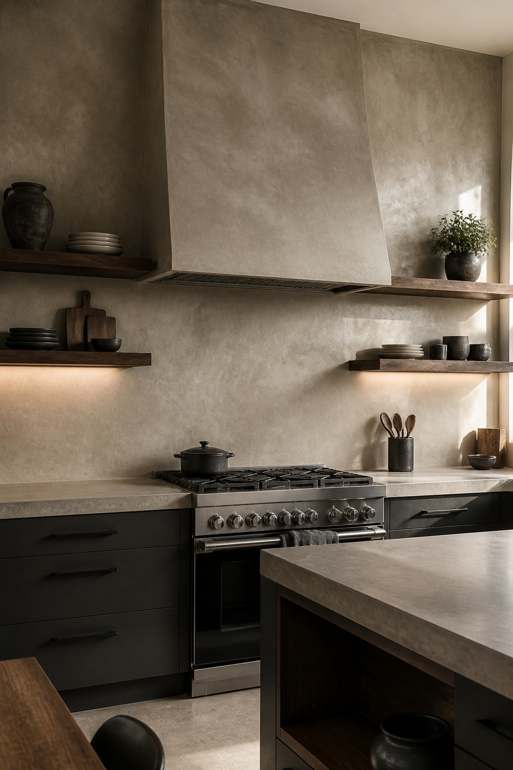 A burnished Venetian plaster wall behind the range adds material depth to the kitchen's industrial remodel design.