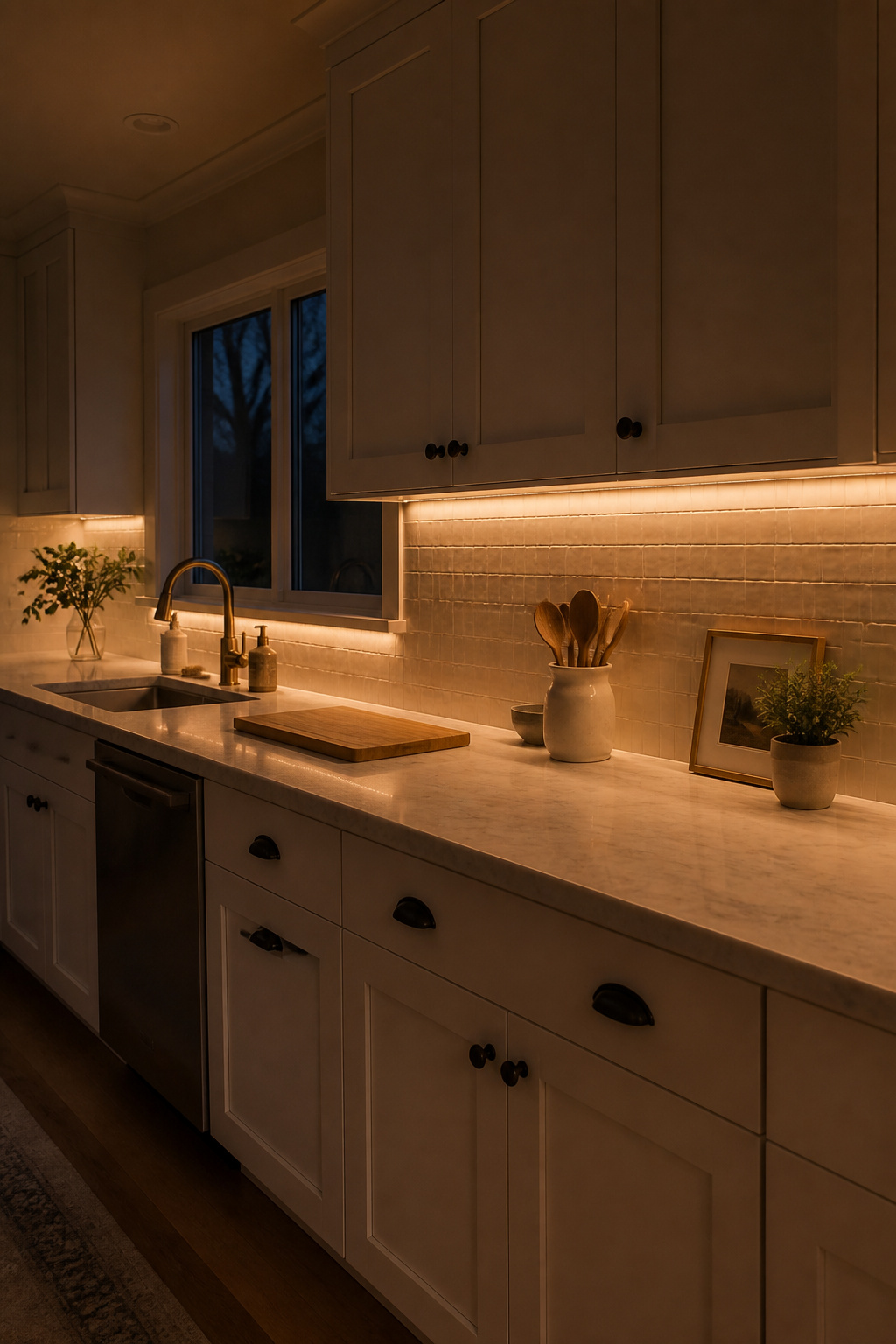 Under-cabinet LED strips at 2700K transform the kitchen atmosphere at night, illuminating both worksurface and backsplash.
