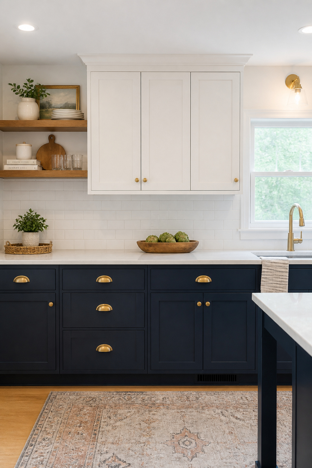 White upper and navy lower two-tone shaker cabinets create a grounded, design-forward kitchen.