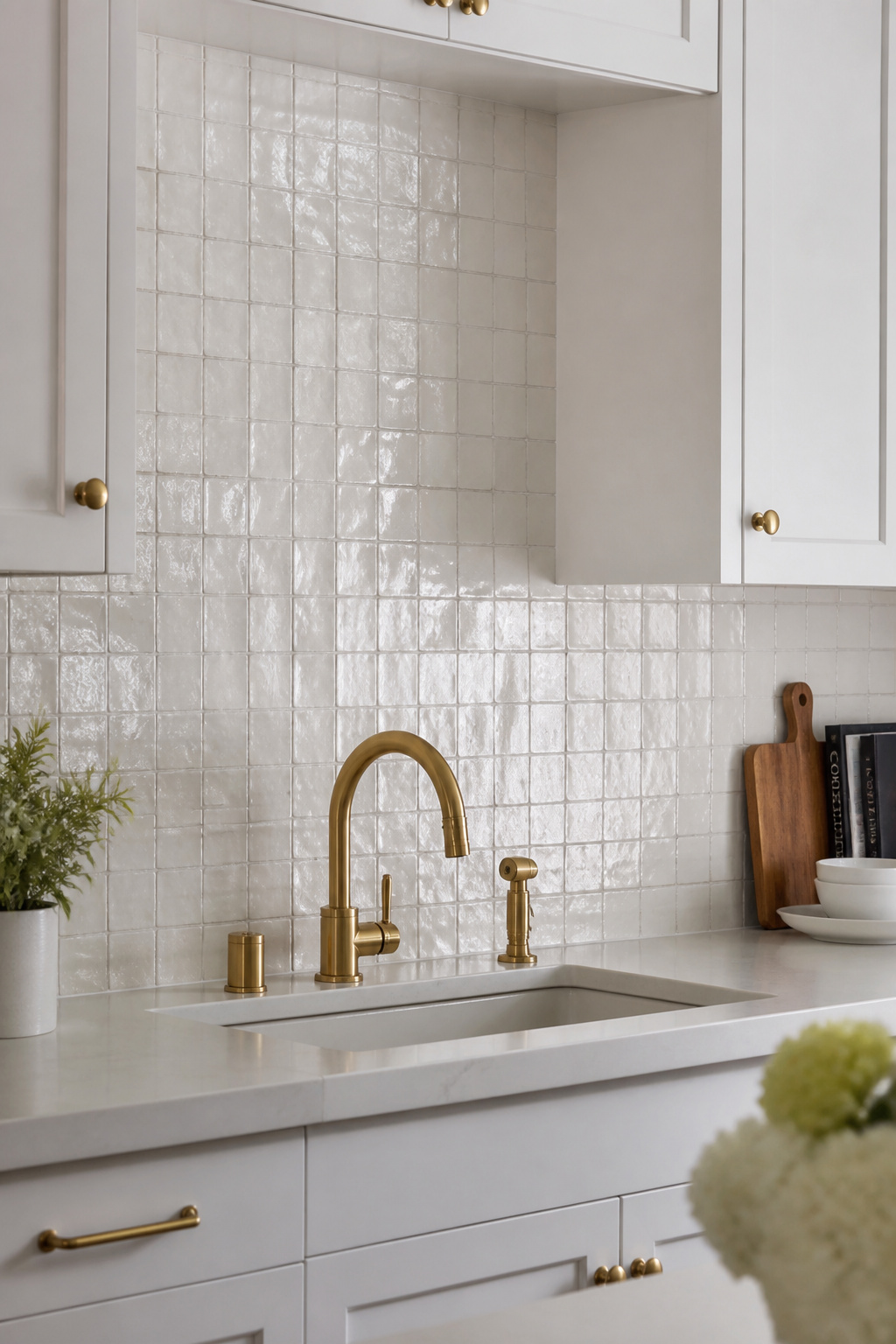 Handmade zellige tile in warm white covers the full backsplash height, its glaze variation catching light throughout the day.