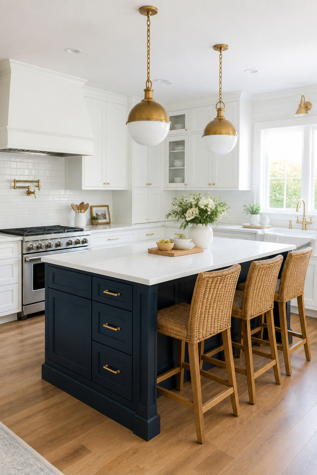 A deep navy island stands as the kitchen's clear focal point against white perimeter cabinetry.