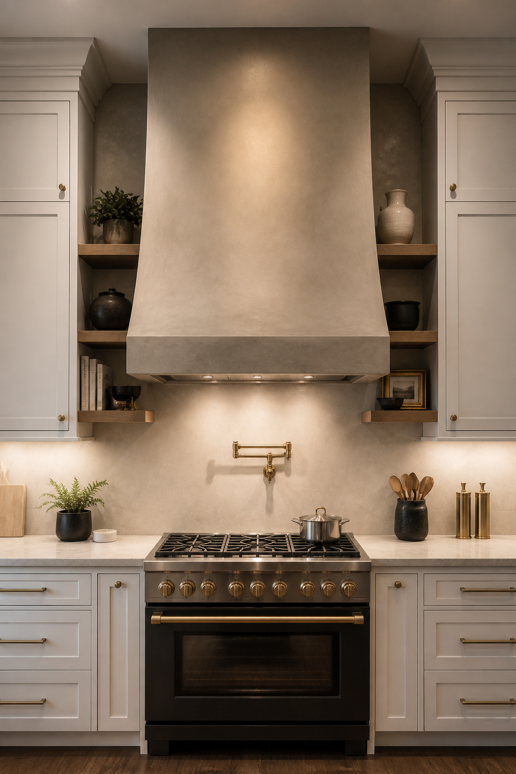 A custom Venetian plaster hood commands the kitchen's central wall as its architectural focal point.