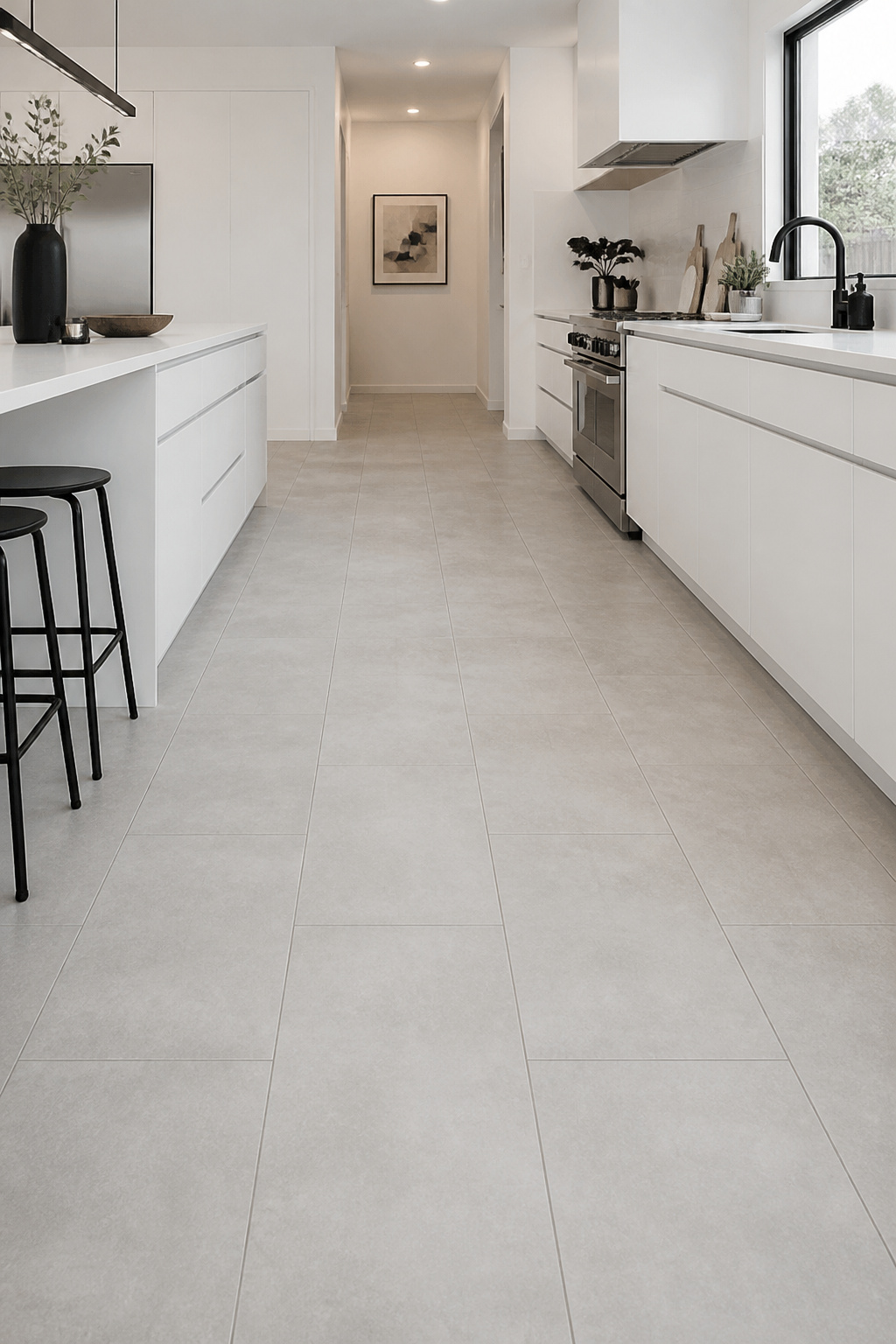 24x48 rectified matte porcelain tile with near-seamless grout lines creates a contemporary kitchen floor that visually expands the space.
