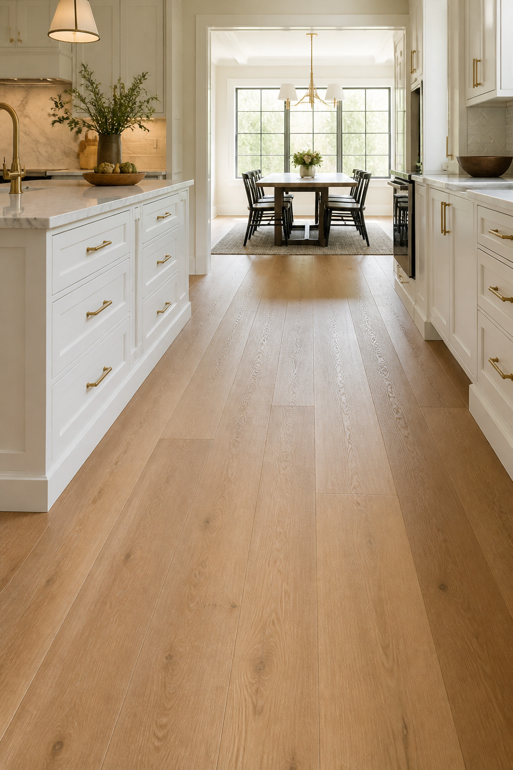 Wide-plank wire-brushed white oak runs continuously from kitchen through dining, unifying the open-plan space.