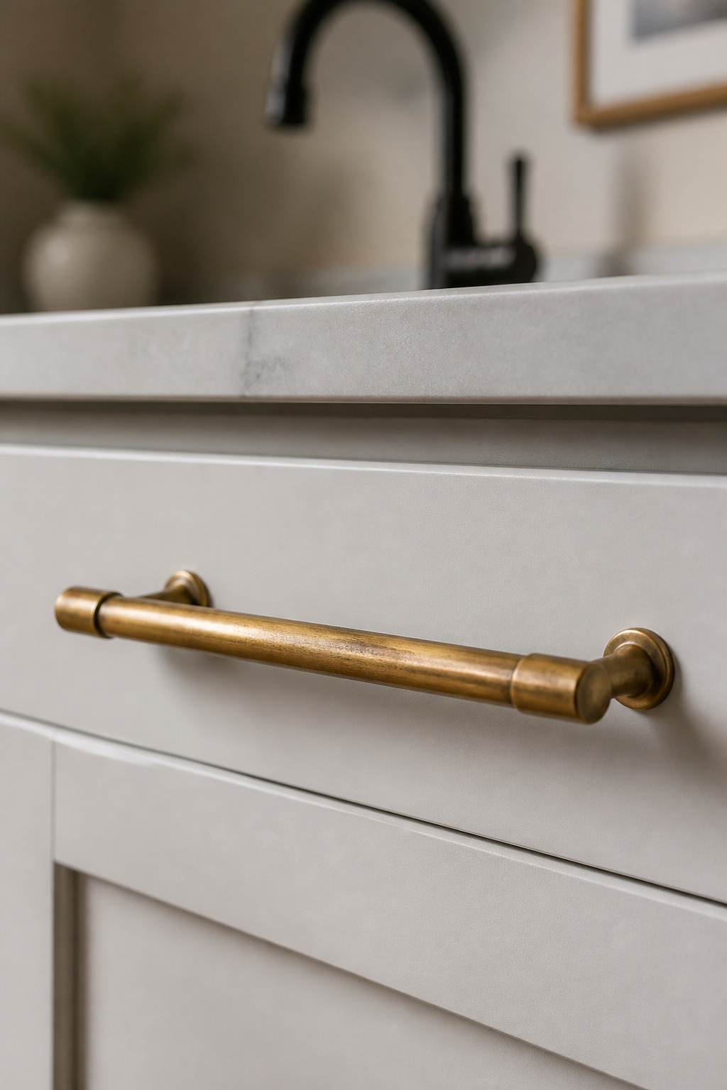 Unlacquered brass hardware with early honey patina adds warmth and material authenticity to white kitchen cabinetry.