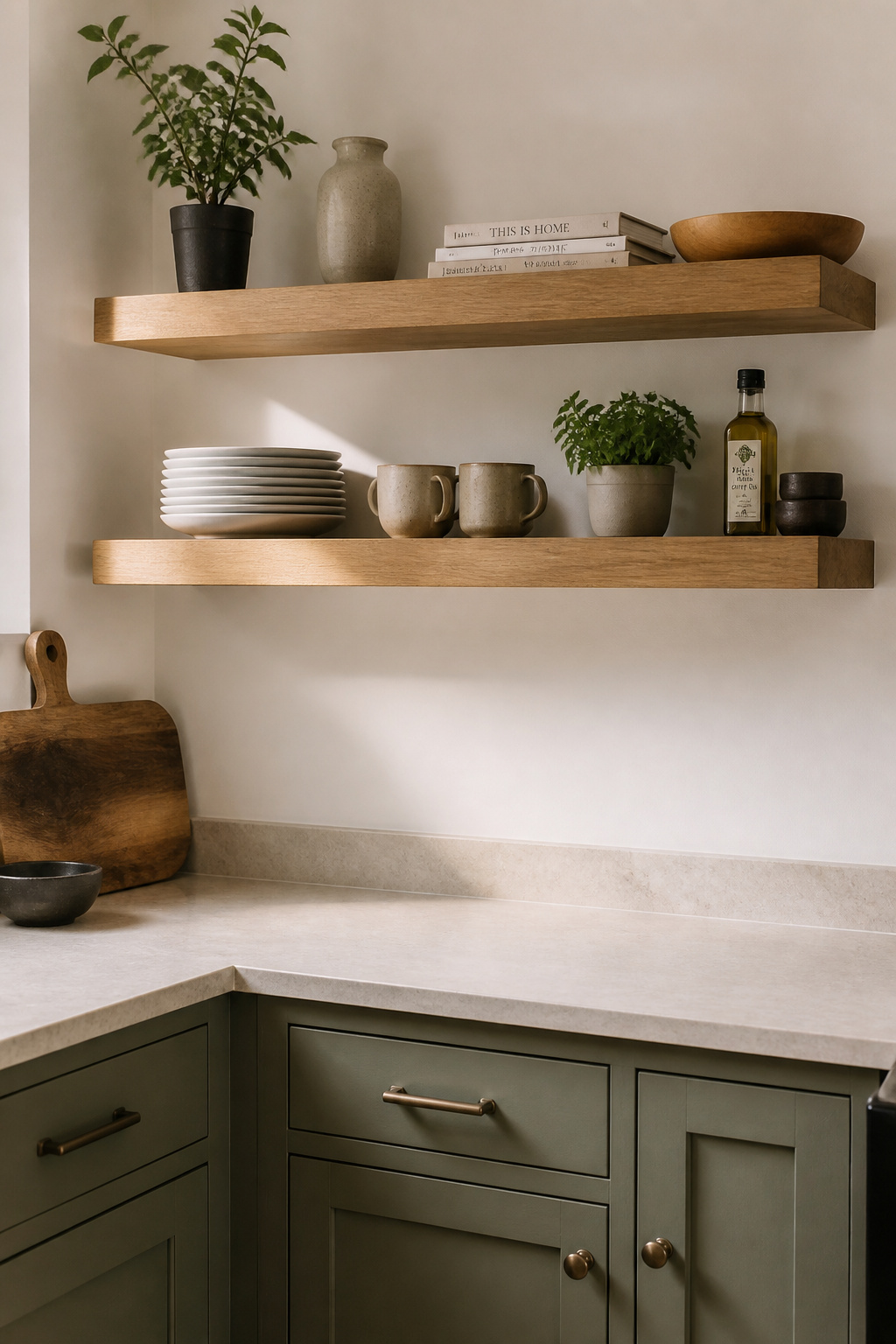 Floating white oak shelves styled with restraint create visual lightness and depth in the kitchen.