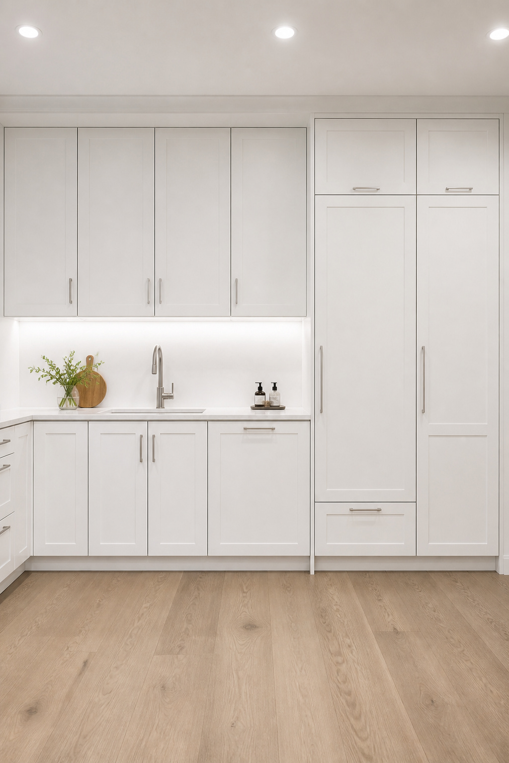 Panel-ready appliances integrated seamlessly into matching cabinetry create a continuous, uninterrupted kitchen wall.