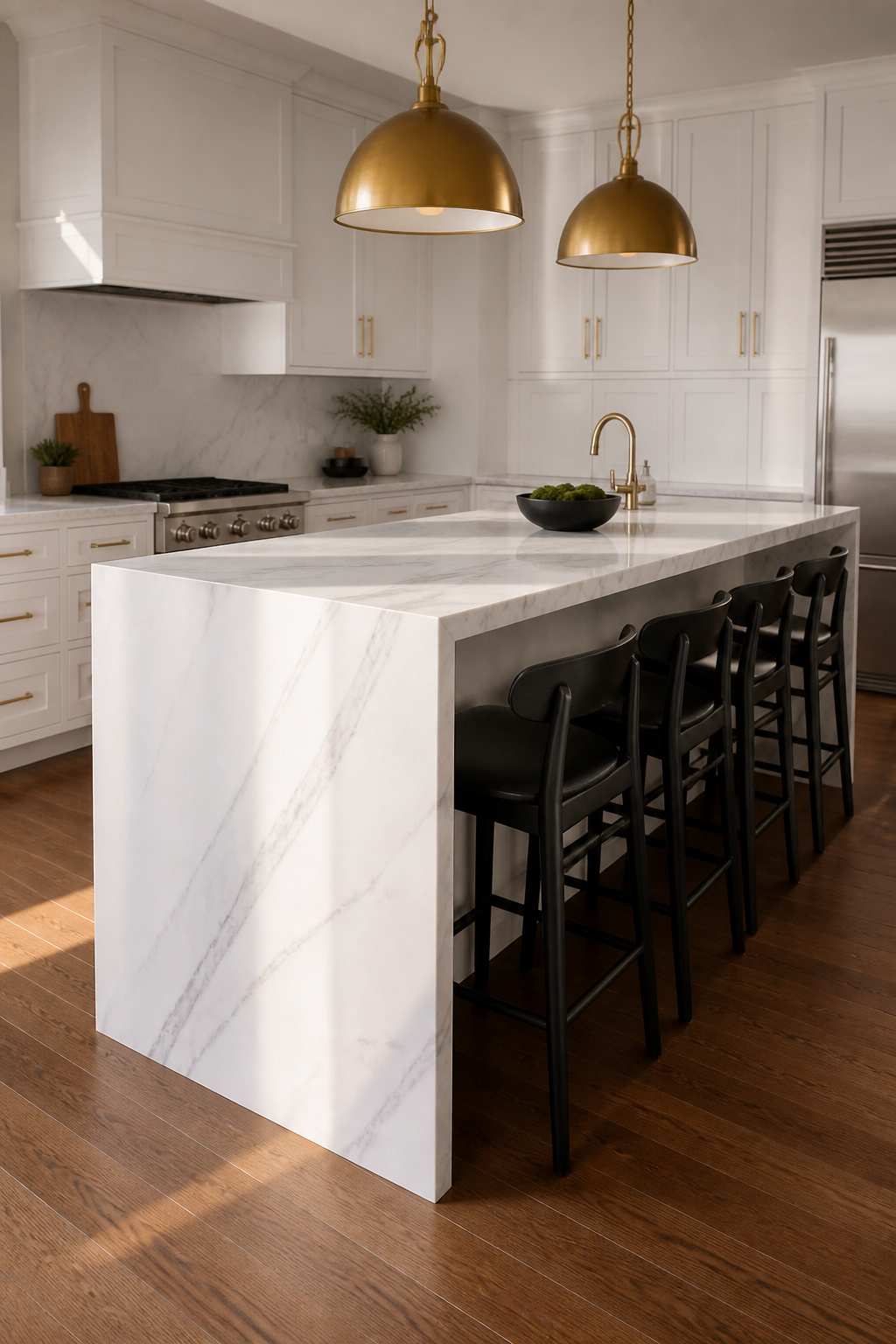 A quartz waterfall island with seamless book-matched veining anchors the kitchen as its architectural centerpiece.