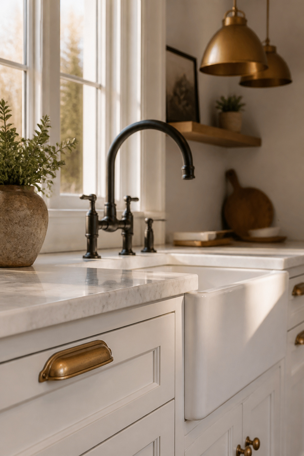 Unlacquered brass pulls paired with a matte black faucet demonstrate the designer's two-metal rule in practice.