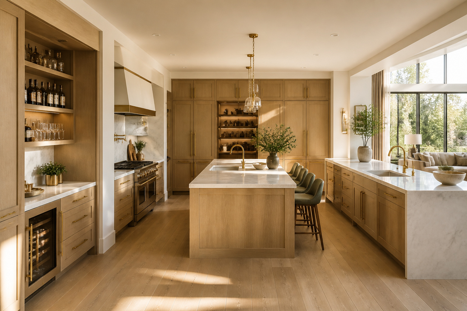 A comprehensive modern kitchen layout featuring an L-shape configuration with island, pantry wall, and breakfast bar — showcasing how thoughtful spatial planning maximizes every square inch.