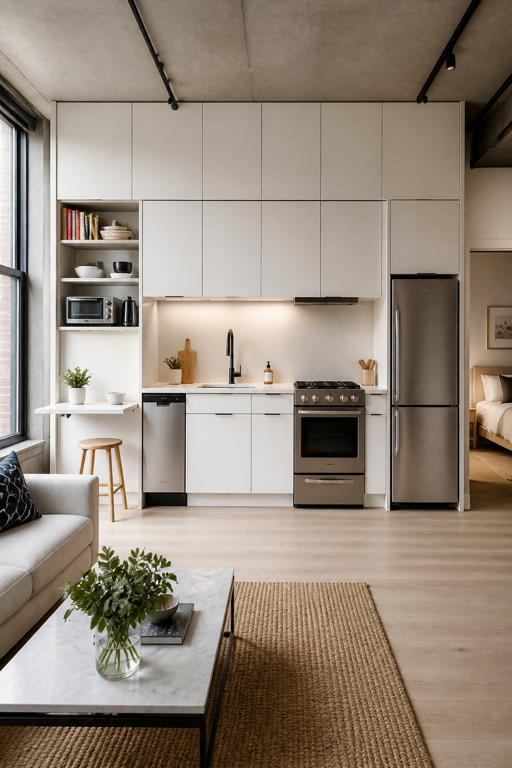 A one-wall kitchen with floor-to-ceiling cabinetry, compact appliances, and a fold-down prep shelf — proving that a 10-foot run can deliver a fully functional modern kitchen in a small urban apartment.