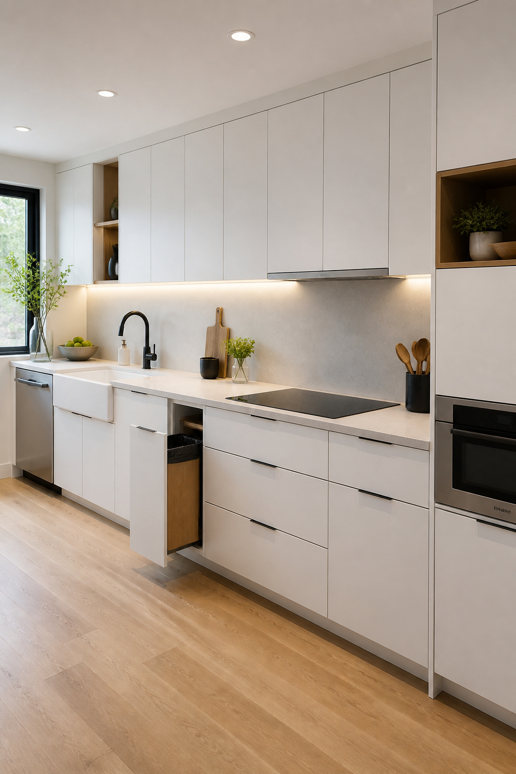 A modern kitchen floor plan with clearly allocated zones — a 42-inch prep counter between sink and range, dishwasher adjacent to sink, and in-zone trash — reducing cooking fatigue through spatial logic.
