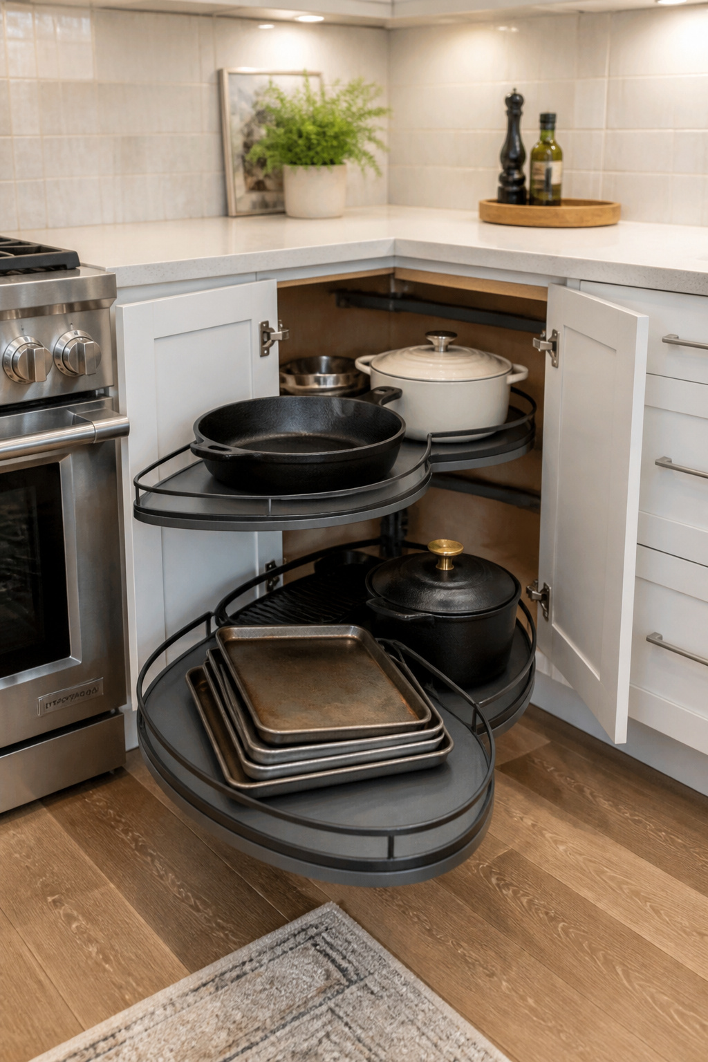 A LeMans pull-out corner system fully deployed in a modern kitchen — kidney-shaped trays swinging clear of the cabinet body to make every inch of the dead corner accessible.