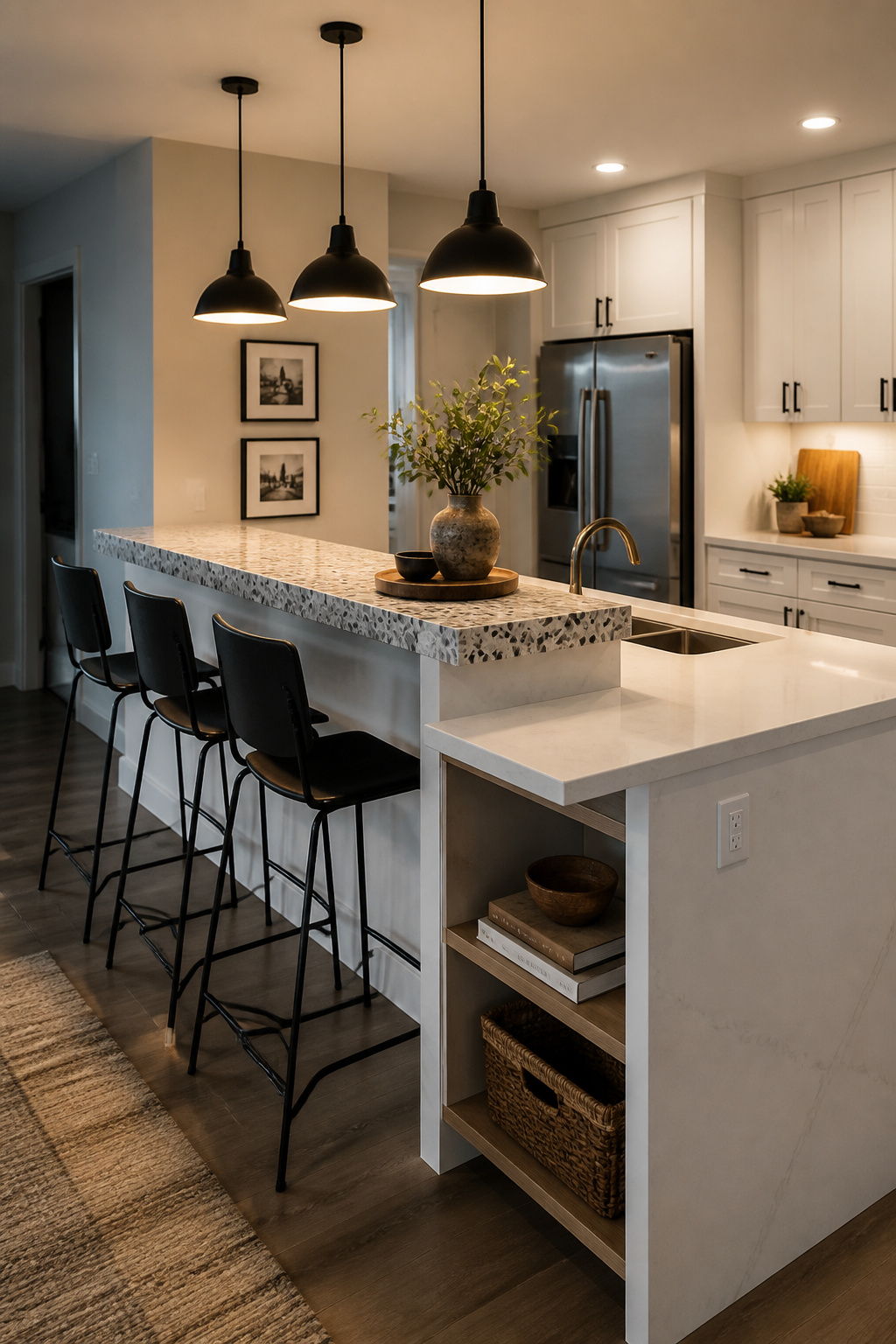 A two-tier breakfast bar with 36-inch prep counter on the kitchen side and a 42-inch bar with terrazzo surface on the dining side — defining kitchen and living zones without walls.