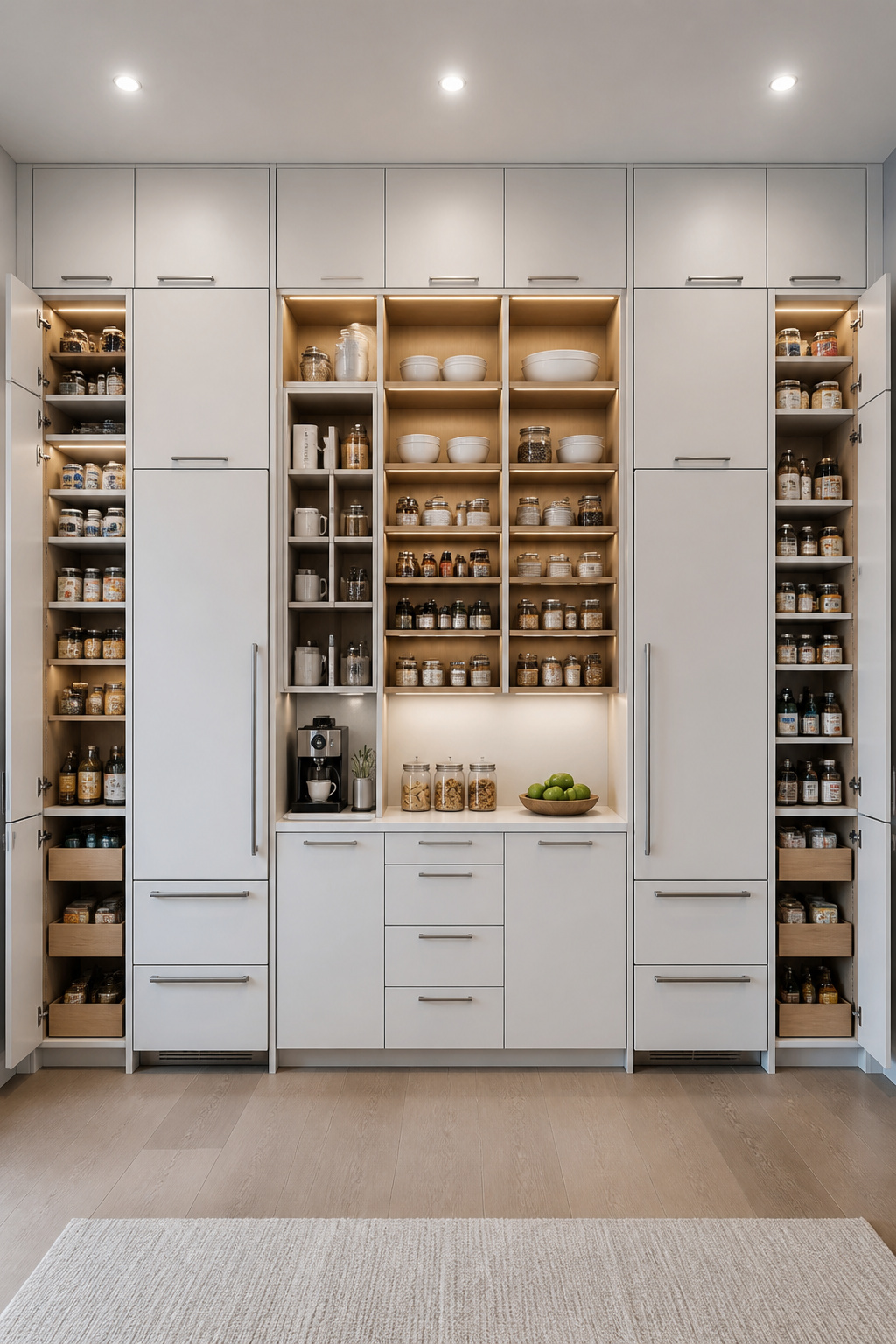 A floor-to-ceiling pantry wall with integrated refrigerator columns — consolidating food storage, small appliances, and refrigeration into one seamless built-in system that changes the spatial logic of the entire kitchen.