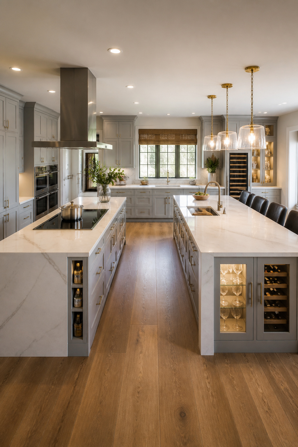 A double island kitchen with Island 1 dedicated to cooking — induction rangetop, chimney hood, pot storage — and Island 2 for bar seating and wine service, separated by the required 48 inches.