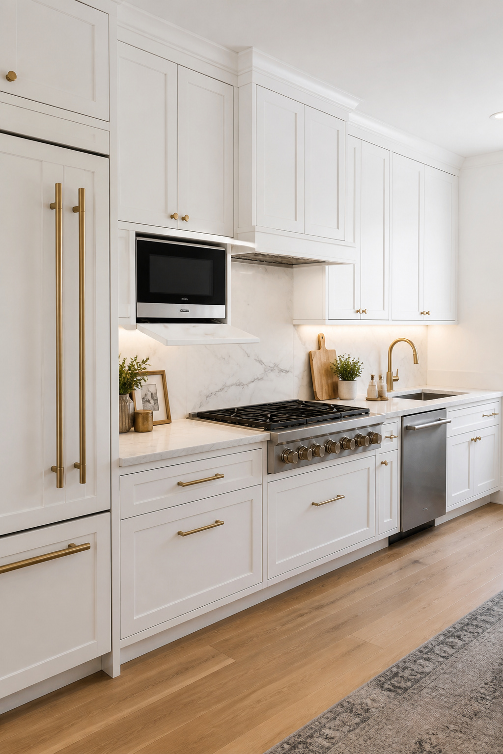 A kitchen appliance layout with proper NKBA-standard landing space beside every major appliance — 15 inches beside the fridge, 15 inches beside the range, dishwasher opening away from the sink.