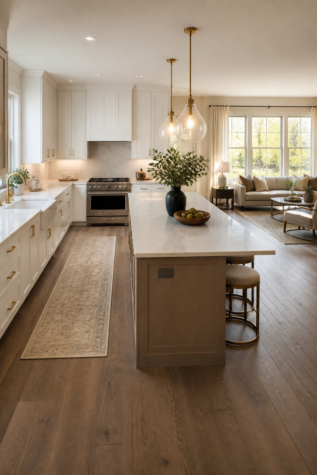 An open-plan kitchen with a parallel island creating a clear 42-inch circulation path on the dining side and a 48-inch work aisle on the cook side — keeping pedestrian flow out of the active cooking zone.
