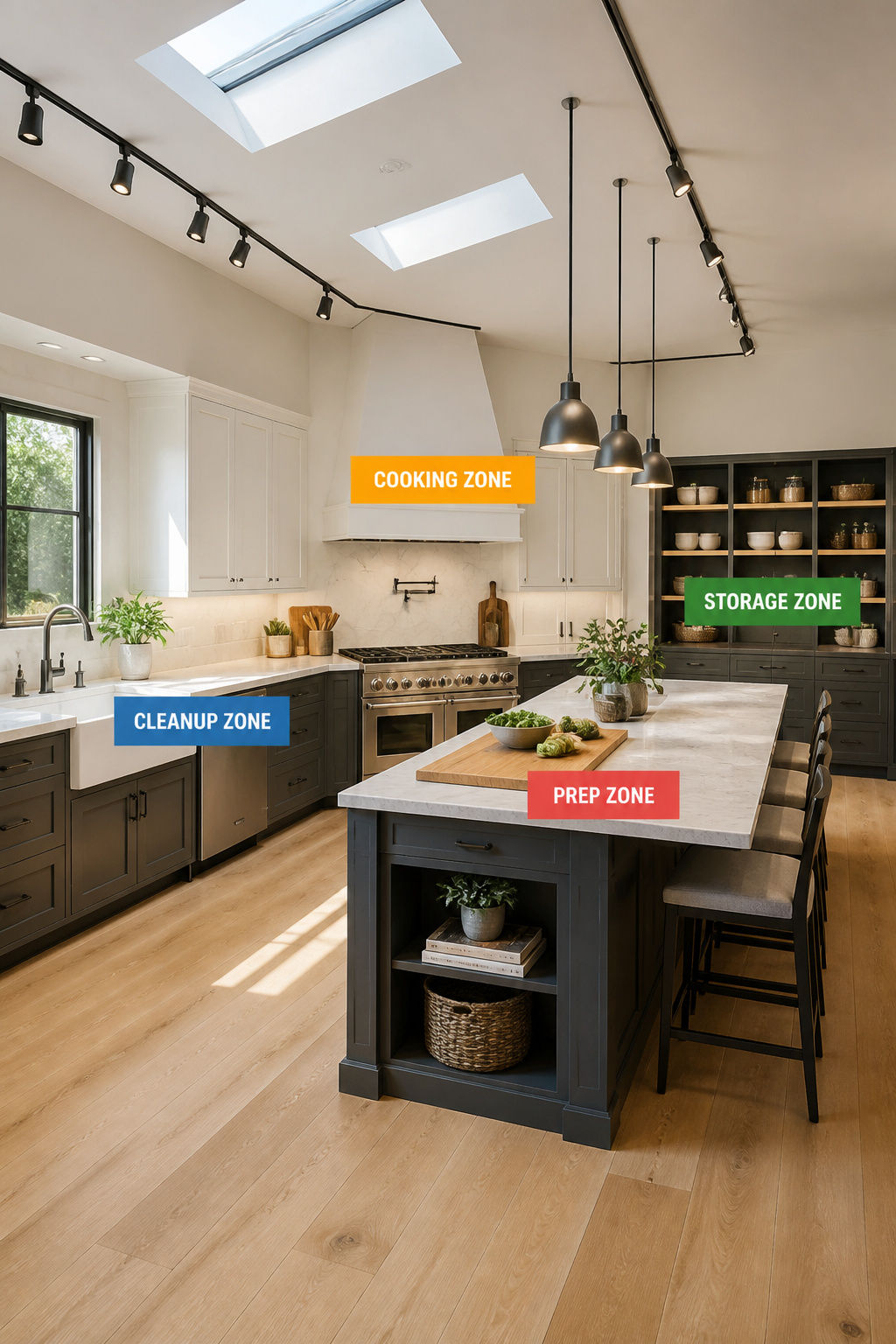 A zone-organized L-shaped kitchen replacing the outdated work triangle with four distinct areas — prep, cooking, cleanup, and storage — each spatially defined for maximum workflow efficiency.