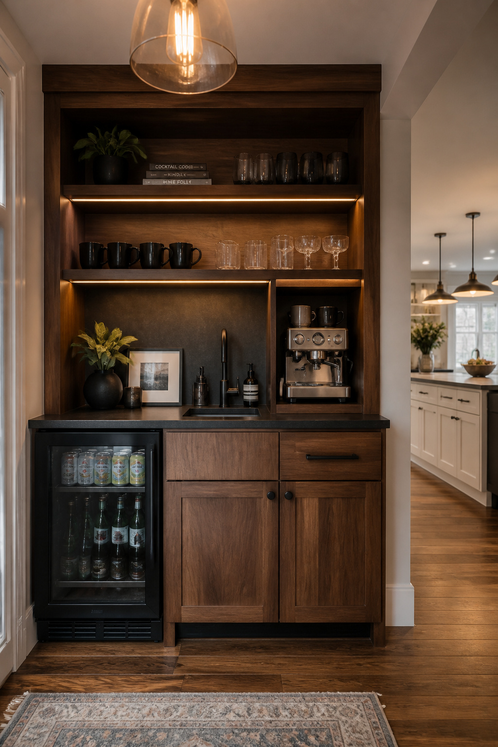 A dedicated beverage station at the kitchen entry — espresso nook, undercounter beverage fridge, and open shelf storage — operating independently of the main kitchen to reduce peak-hour congestion.