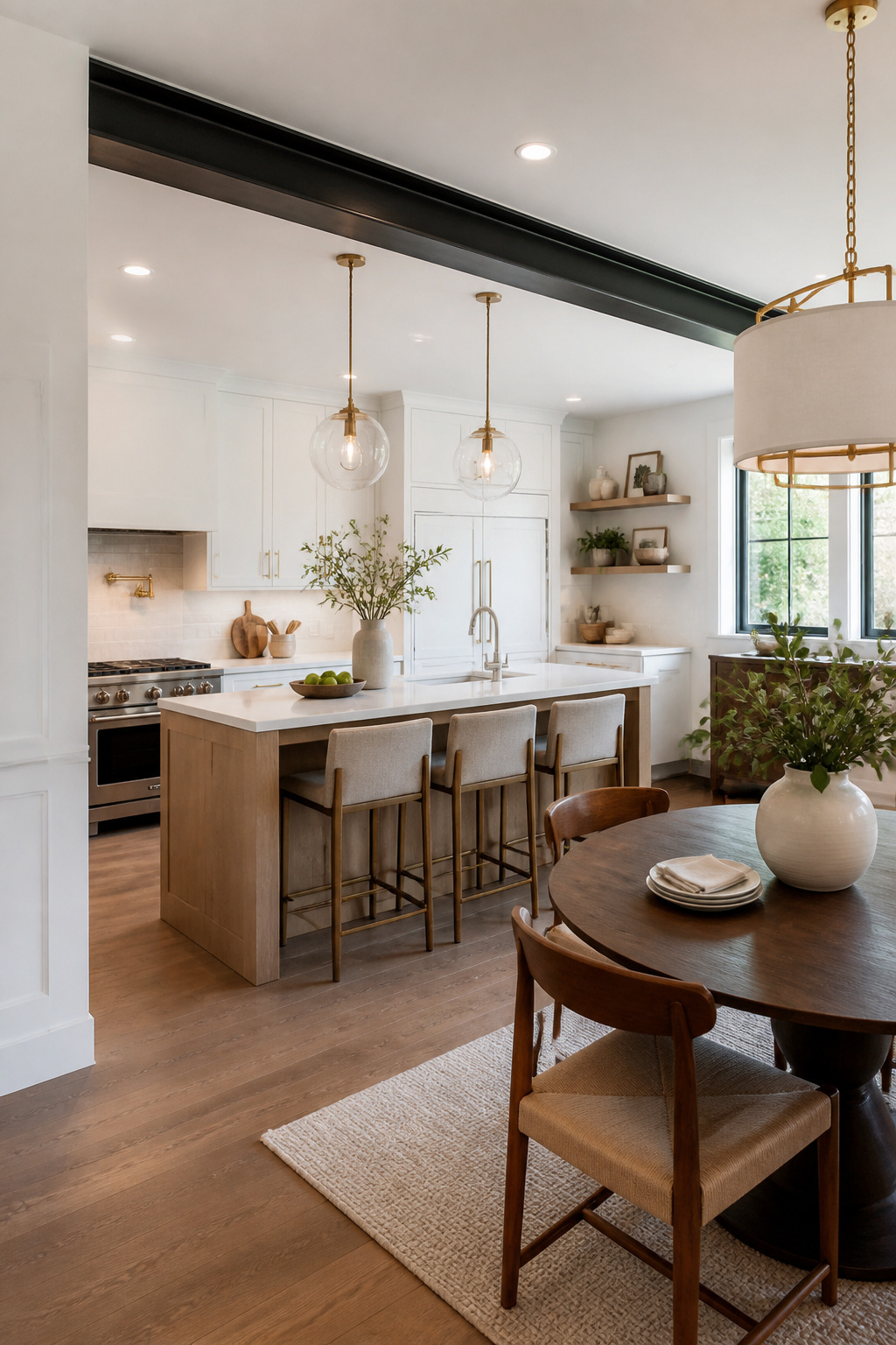 A traditional enclosed kitchen transformed into a contemporary open-plan layout — the load-bearing wall replaced by an exposed steel beam, a peninsula defining the kitchen boundary where the wall once stood.