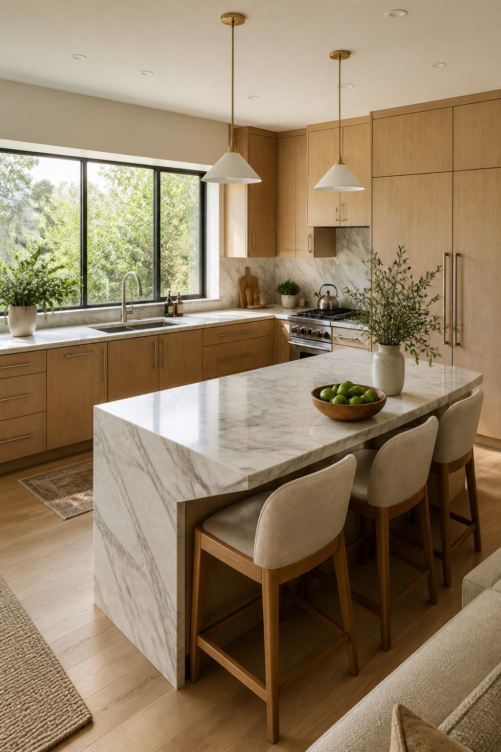 A contemporary L-shaped kitchen with white oak cabinetry, marble countertops, and an island at the open end — the most adaptable modern kitchen layout for open-plan living.