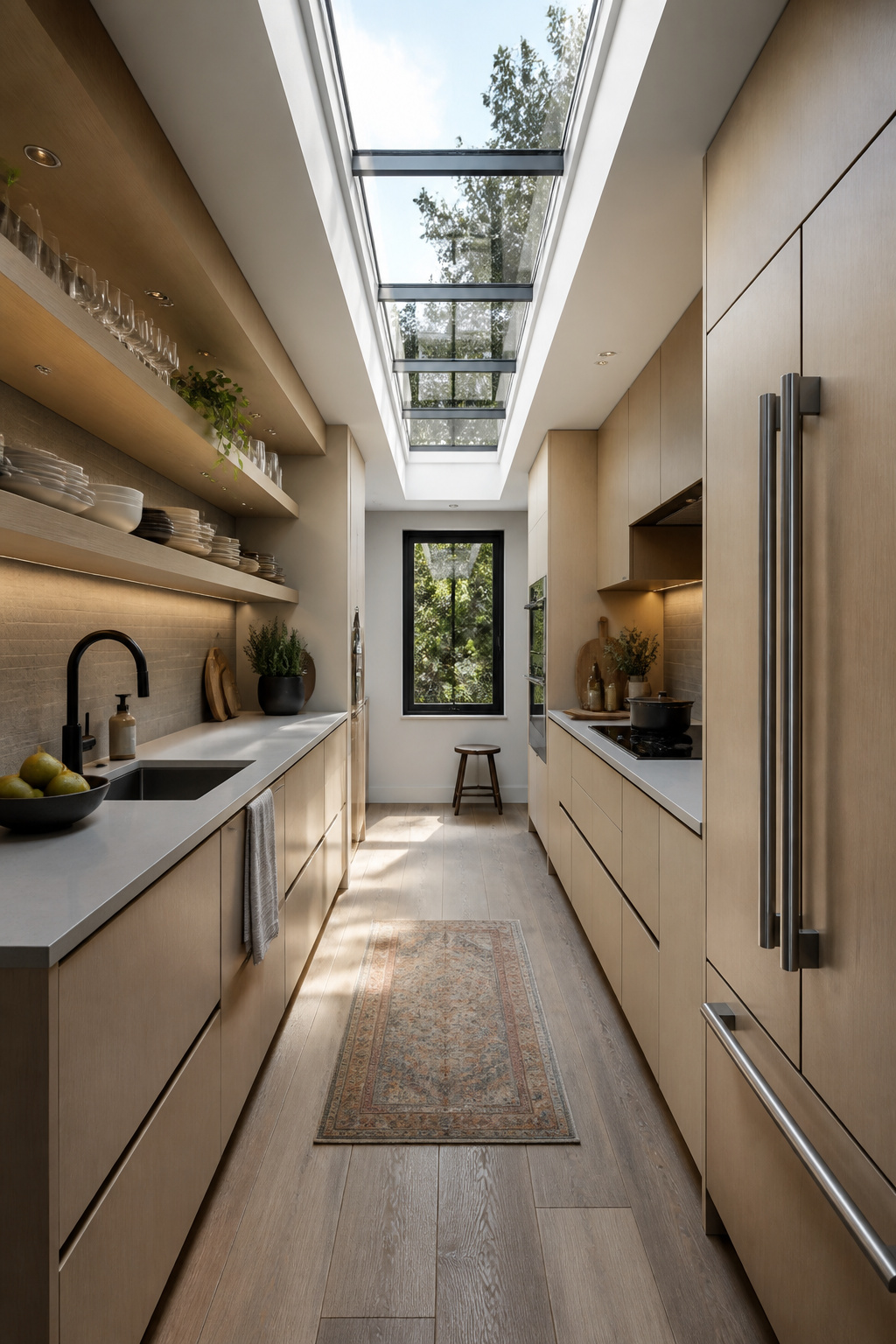 A modern galley kitchen with a dedicated 40-inch prep zone between the sink and range — the most step-efficient residential layout for solo cooks, borrowed directly from commercial kitchen design.