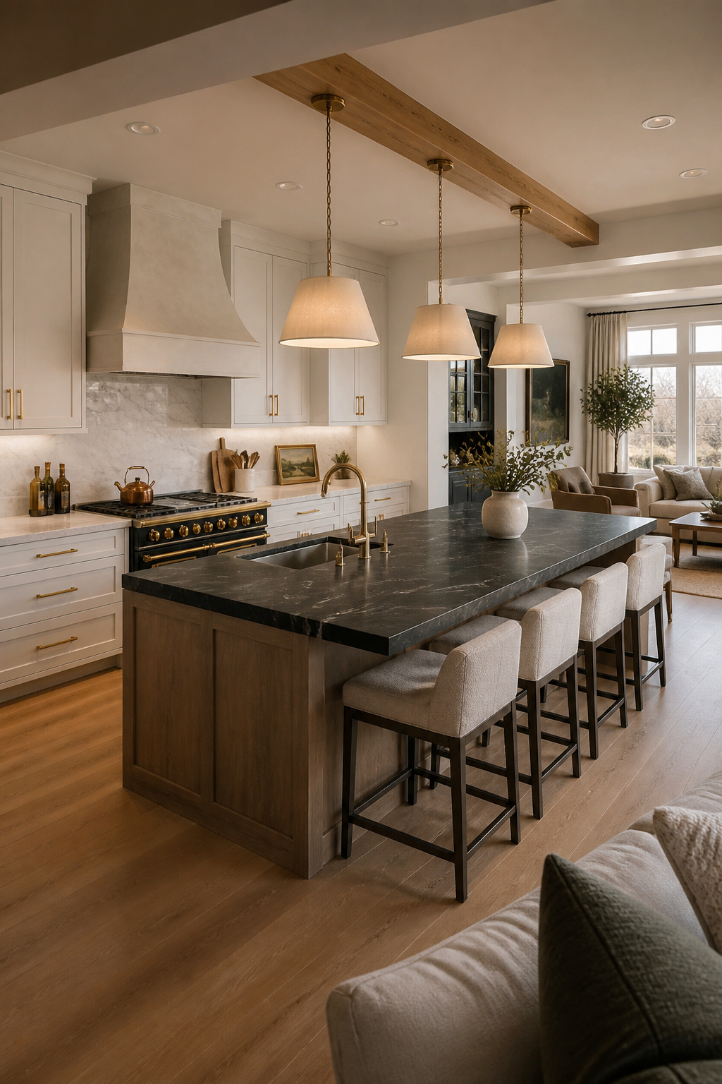 An open-concept kitchen with a central island featuring a prep sink and bar seating — designed for cooks who want to remain part of the gathering while working.