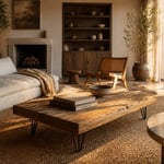 A curated living room centred on a reclaimed wood coffee table with hairpin legs, surrounded by linen upholstery, a jute rug, and layered natural materials in warm afternoon light.