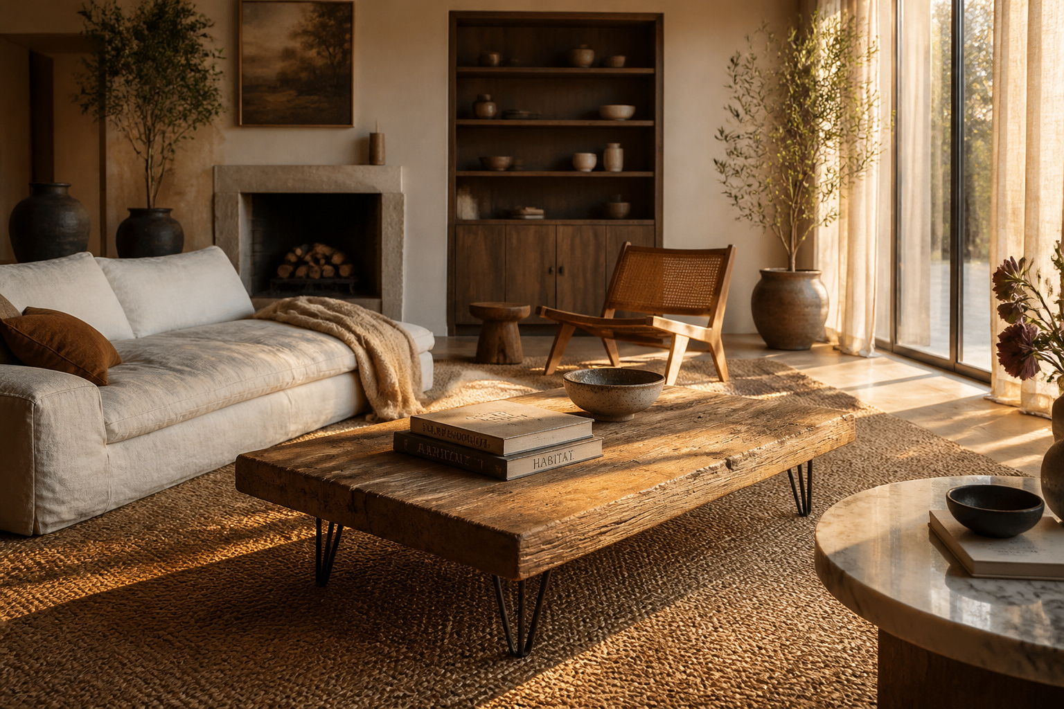 A curated living room centred on a reclaimed wood coffee table with hairpin legs, surrounded by linen upholstery, a jute rug, and layered natural materials in warm afternoon light.