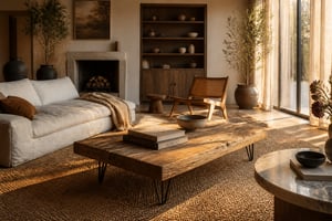 A curated living room centred on a reclaimed wood coffee table with hairpin legs, surrounded by linen upholstery, a jute rug, and layered natural materials in warm afternoon light.