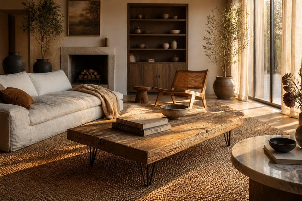 A curated living room centred on a reclaimed wood coffee table with hairpin legs, surrounded by linen upholstery, a jute rug, and layered natural materials in warm afternoon light.