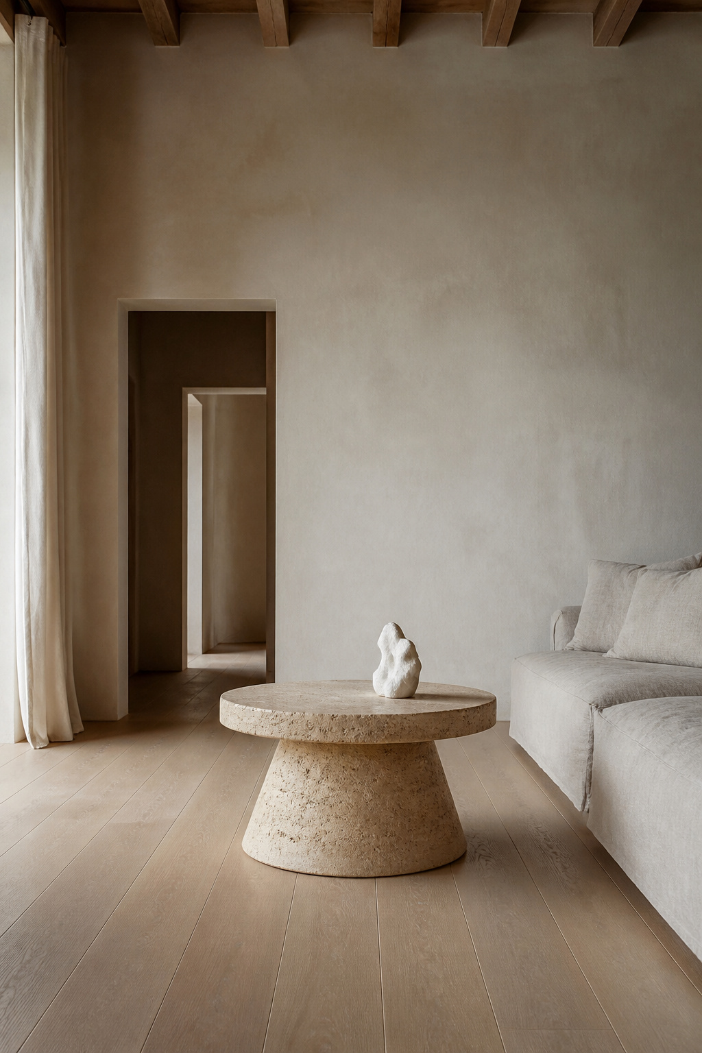 A monolithic unfilled travertine pedestal coffee table occupies the centre of a limewash-walled living room with the self-assurance of a permanent architectural decision — not styled, just present.