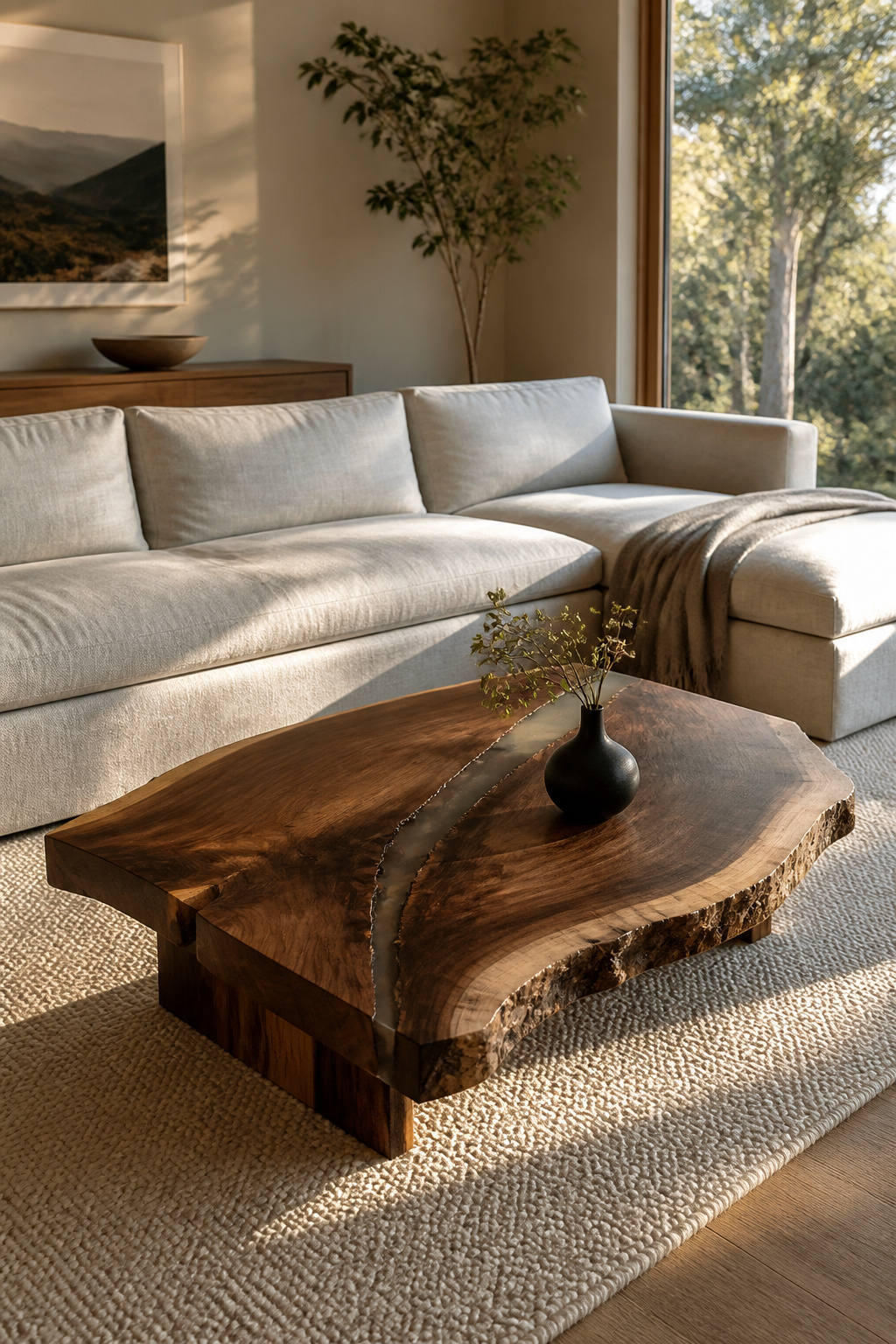 A two-inch live-edge black walnut coffee table with cream sapwood border and clear epoxy void fill becomes the natural focal point of a contemporary living room, its irregular silhouette impossible to replicate.