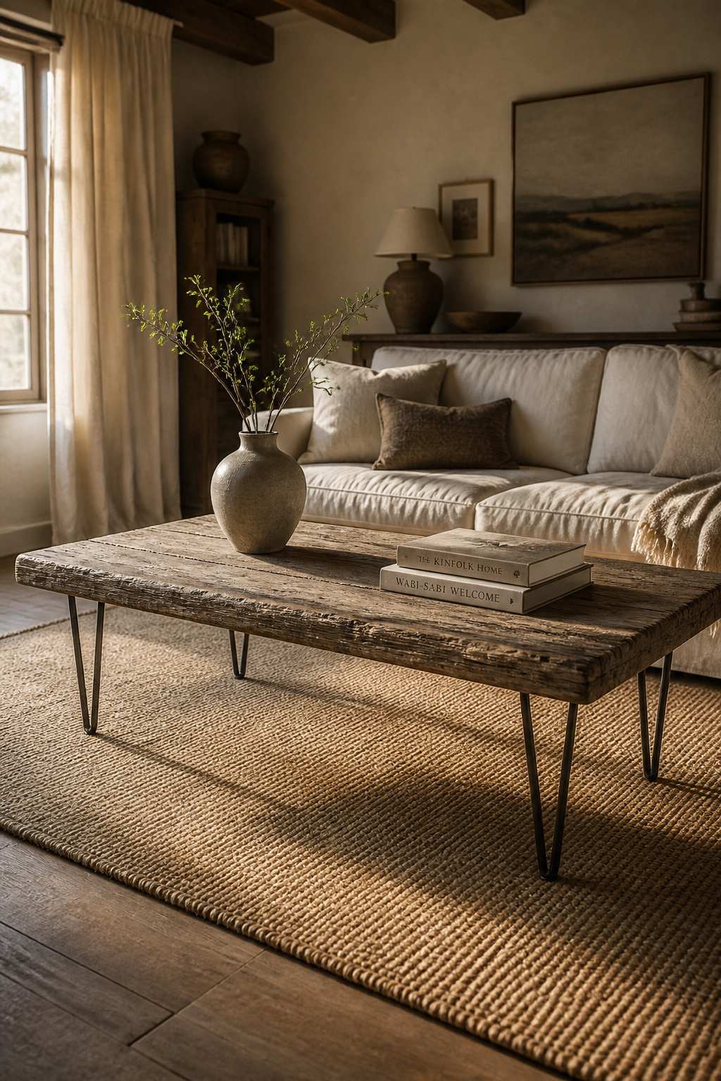 A reclaimed barn wood coffee table on matte black hairpin legs anchors a warm living room, its compressed grain and surface character telling decades of material history.