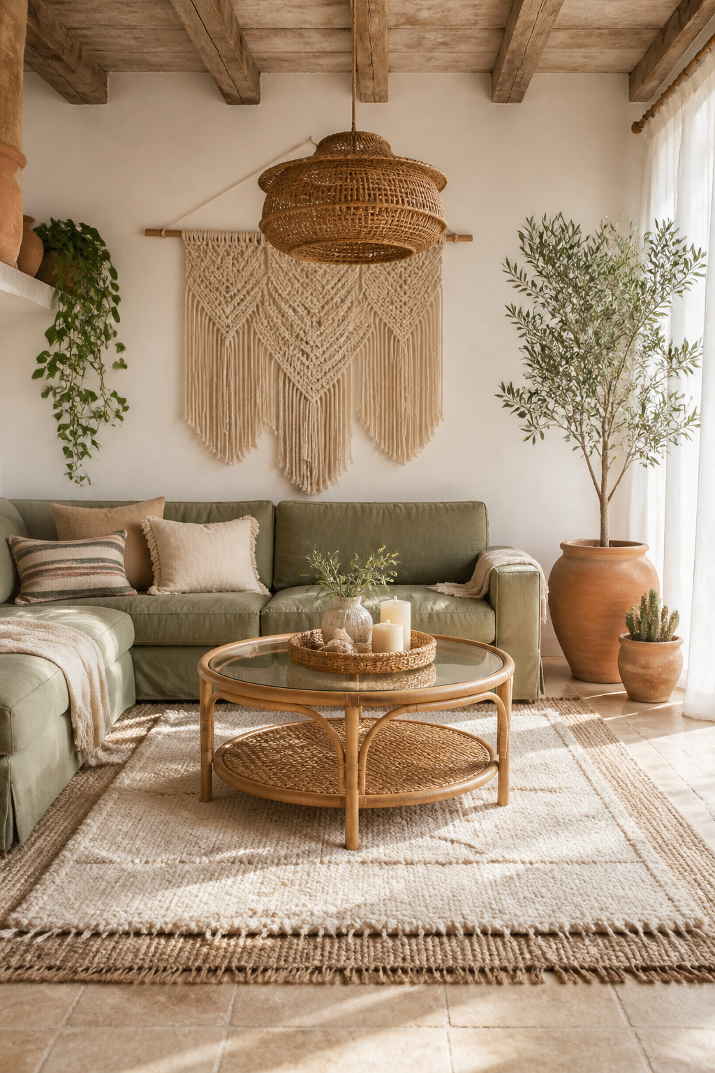 A round natural rattan coffee table with a clear glass top anchors a layered boho living room, surrounded by jute, linen, and terracotta in warm, filtered light.
