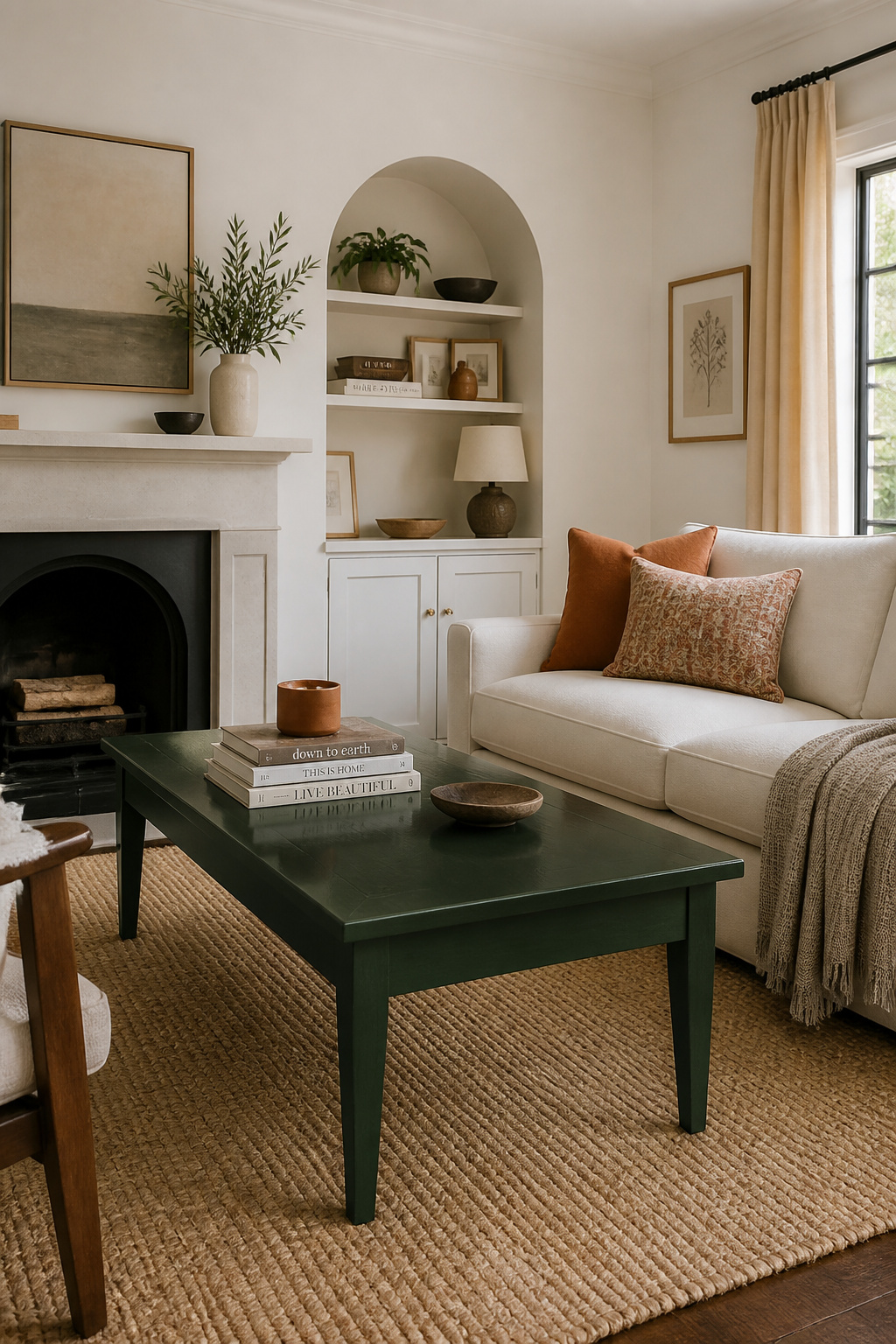 A solid wood coffee table in deep forest green oil-based enamel makes a considered colour statement in a warm neutral living room — proving that a painted surface is often the most precise design decision in the space.