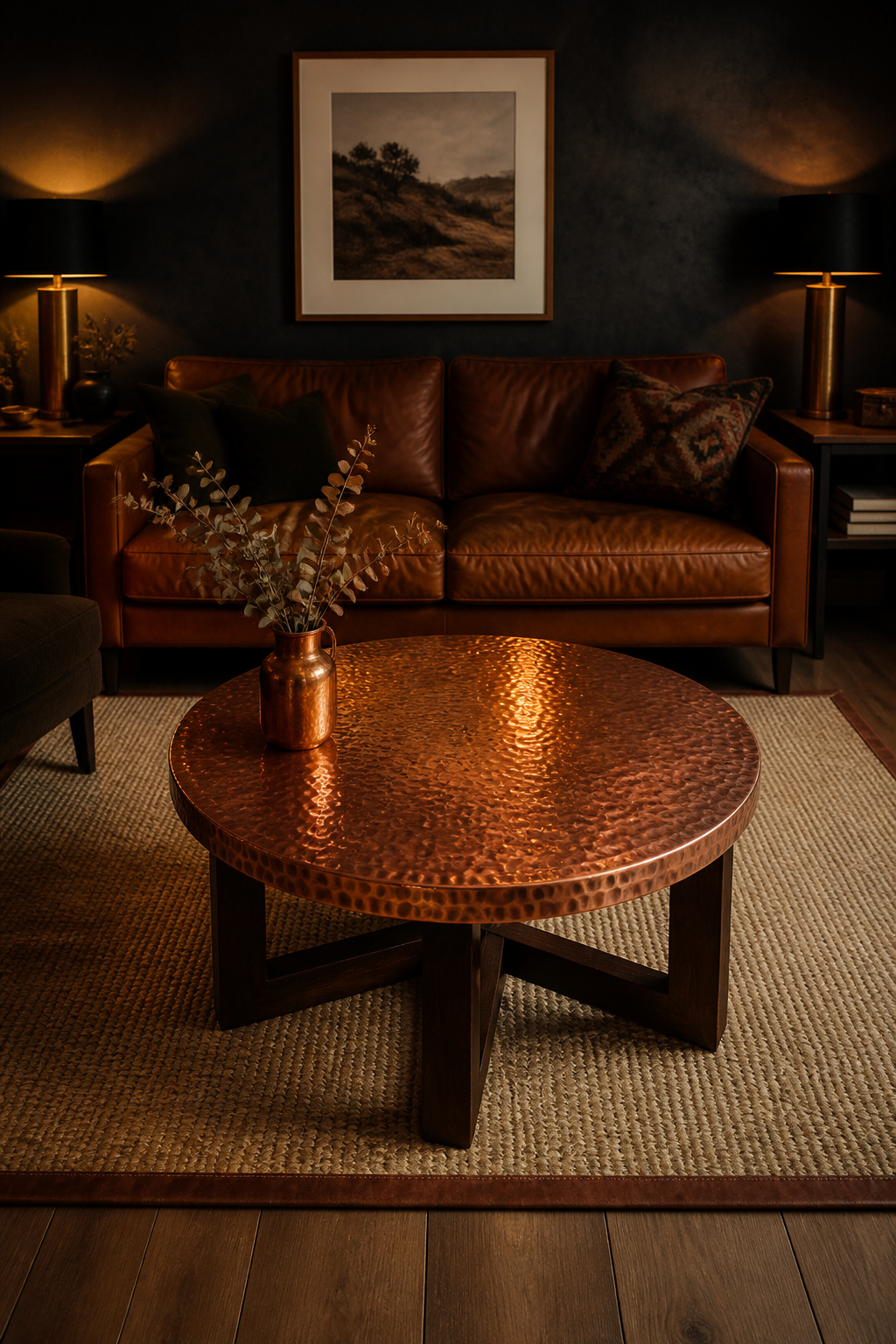 A hammered copper coffee table with a natural developing patina catches multiple points of warm ambient light simultaneously, its faceted surface animating through the day in a way no flat metallic material can match.